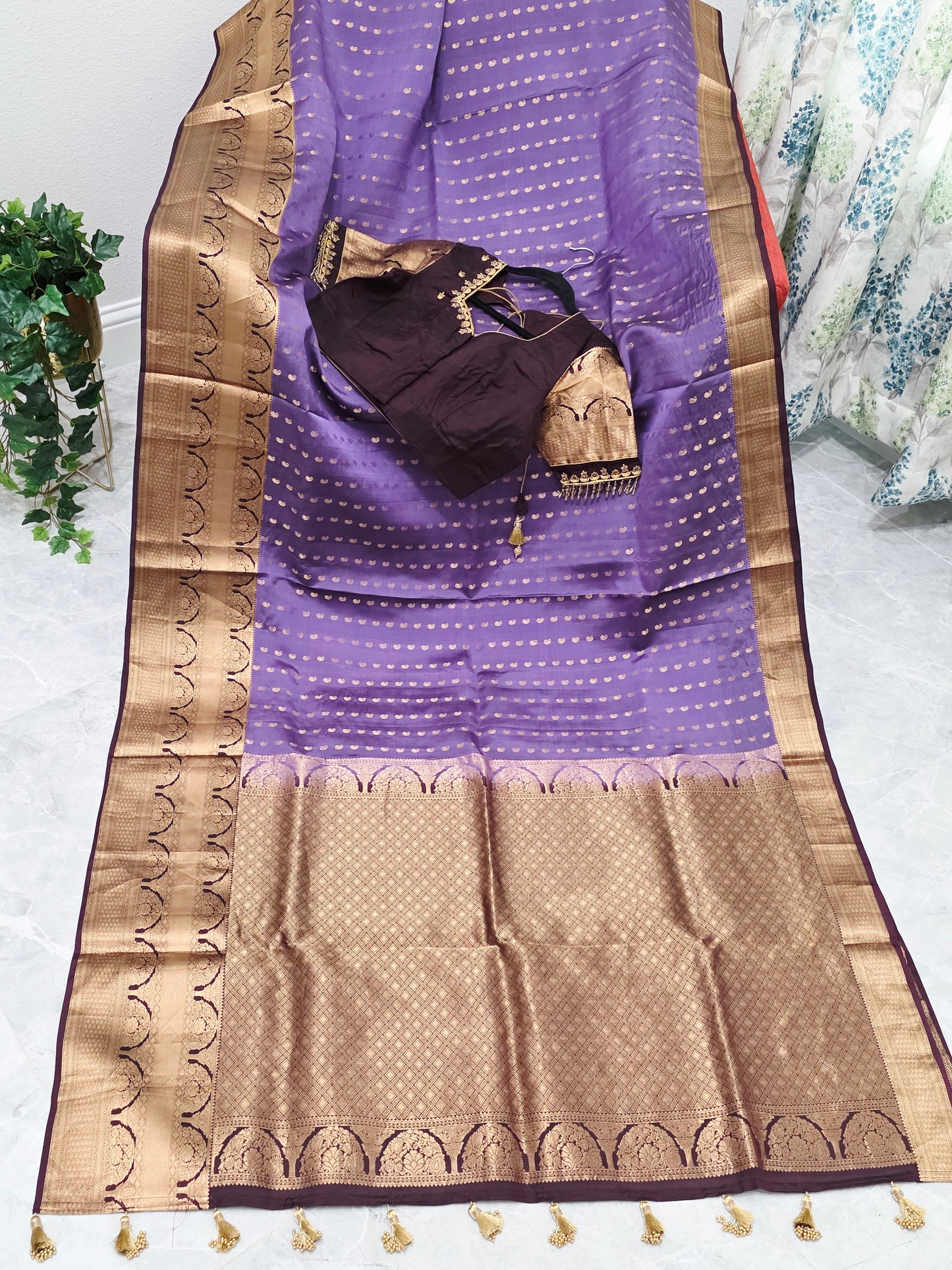 Royal Lilac Kanchi Soft Silk Designer Saree with Royal Aubergine Maggam Blouse