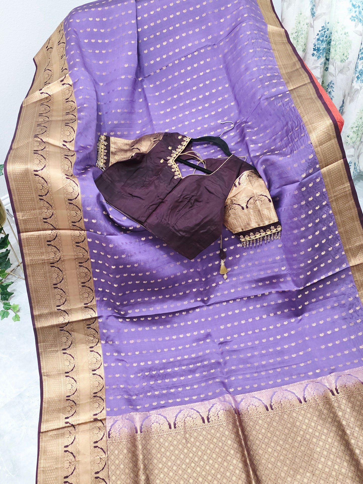 Royal Lilac Kanchi Soft Silk Designer Saree with Royal Aubergine Maggam Blouse