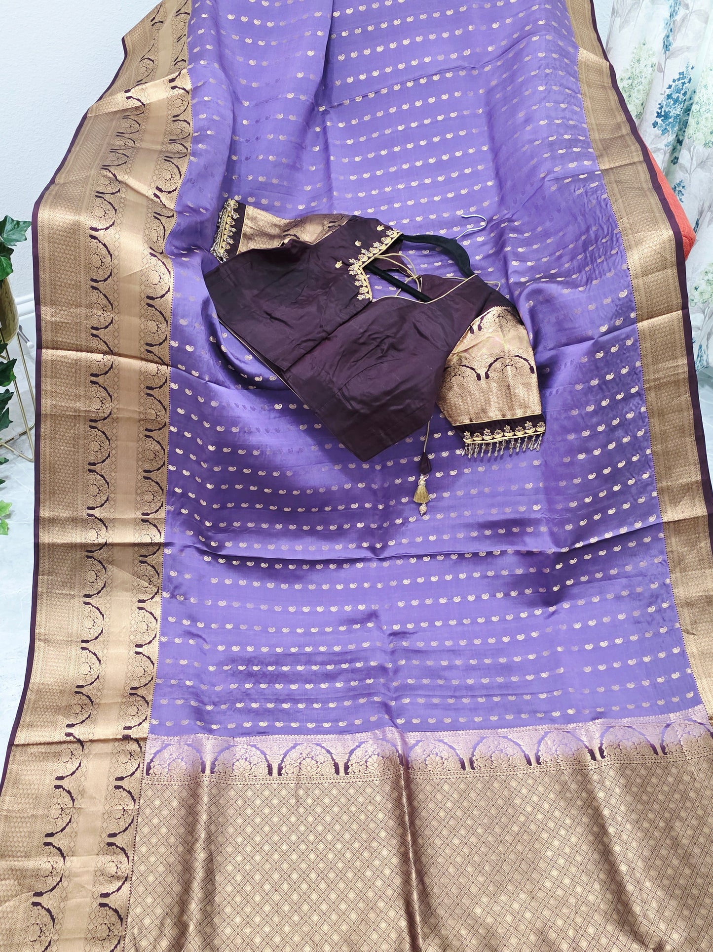 Royal Lilac Kanchi Soft Silk Designer Saree with Royal Aubergine Maggam Blouse