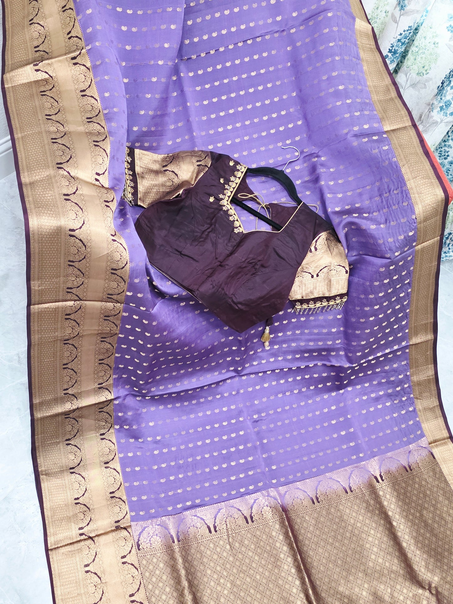 Royal Lilac Kanchi Soft Silk Designer Saree with Royal Aubergine Maggam Blouse