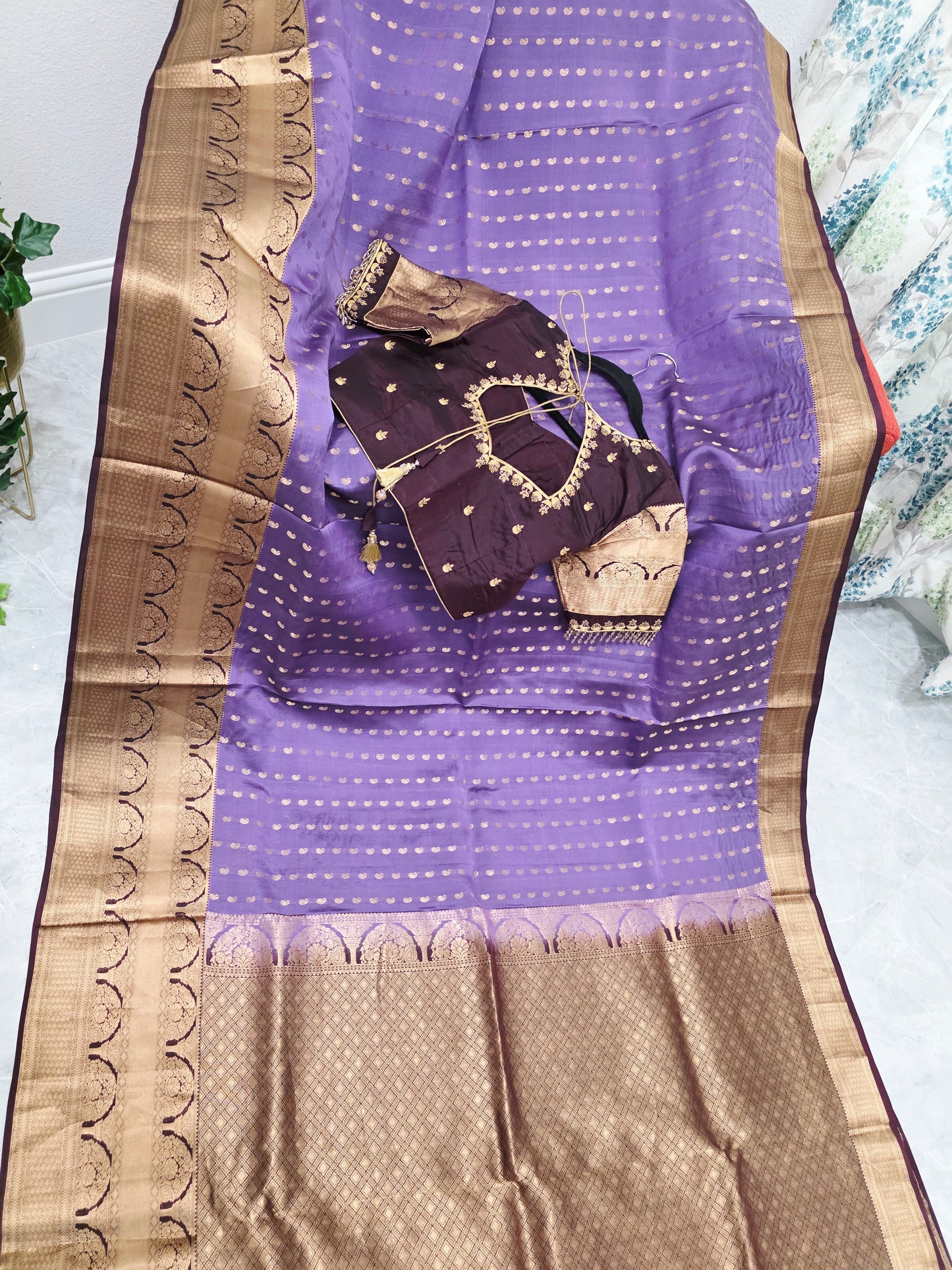 Royal Lilac Kanchi Soft Silk Designer Saree with Royal Aubergine Maggam Blouse