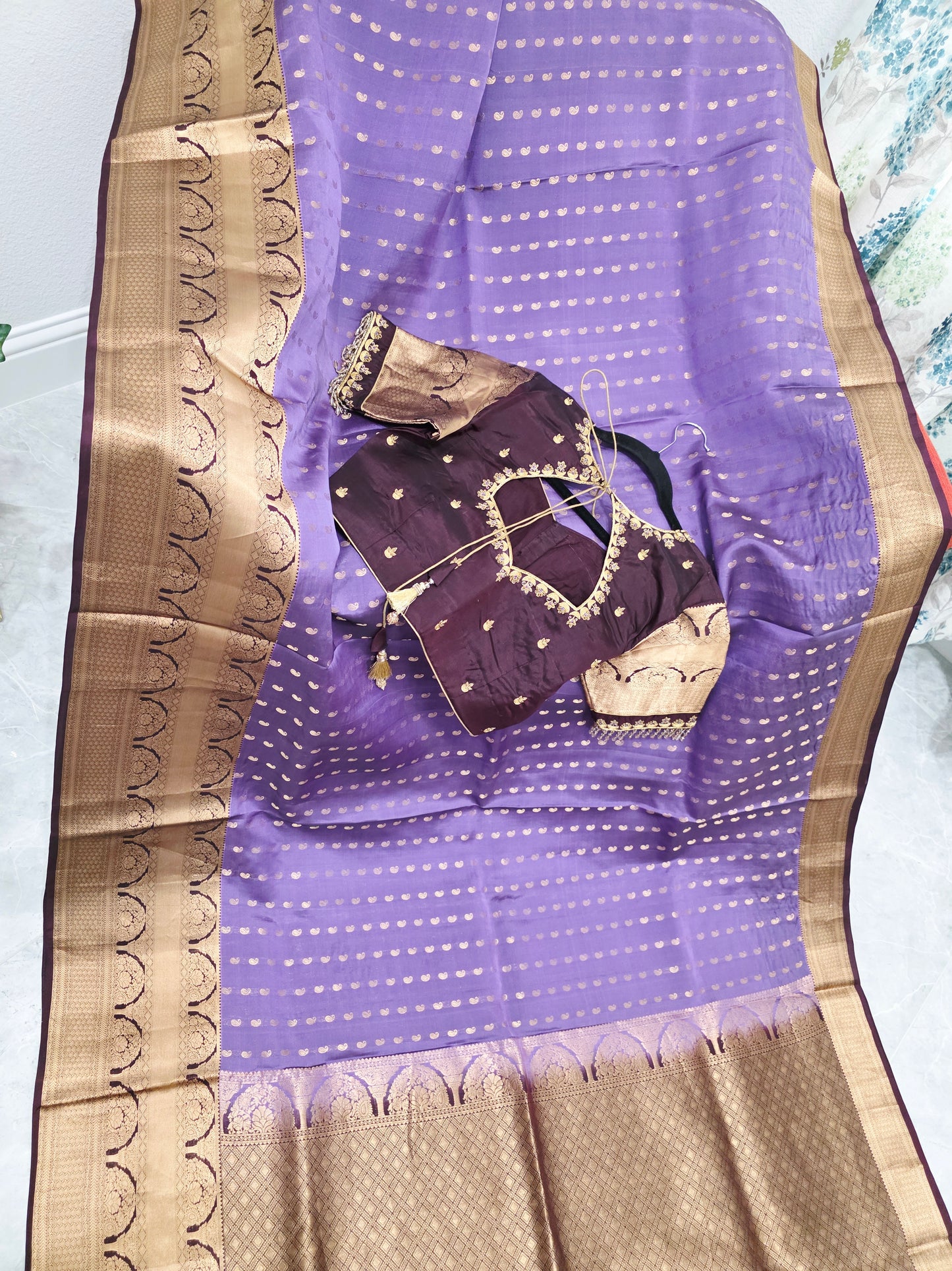 Royal Lilac Kanchi Soft Silk Designer Saree with Royal Aubergine Maggam Blouse