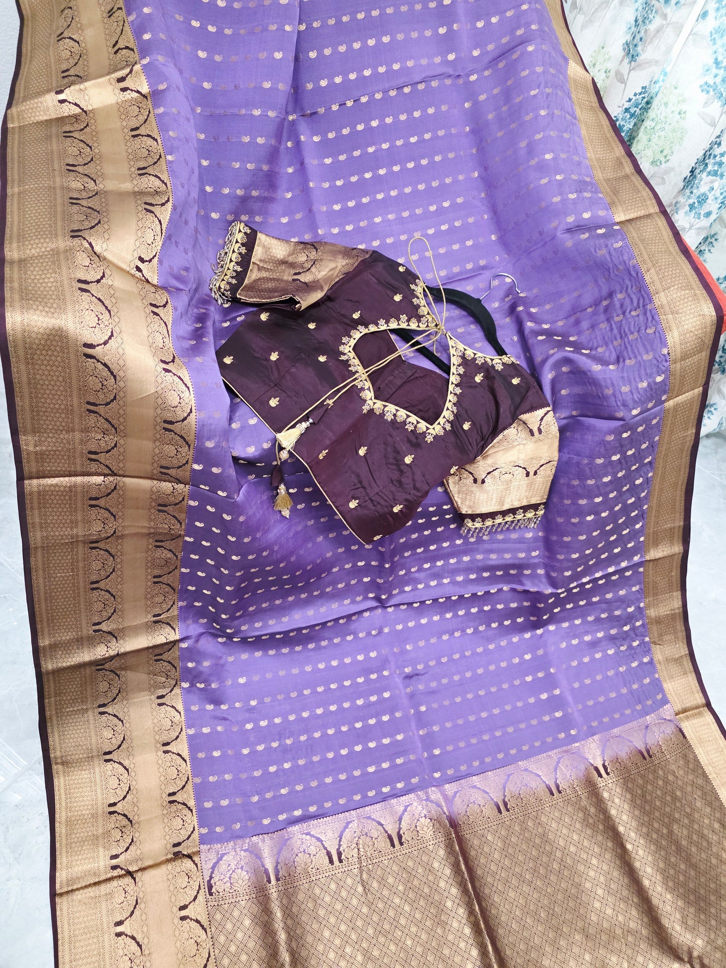 Royal Lilac Kanchi Soft Silk Designer Saree with Royal Aubergine Maggam Blouse