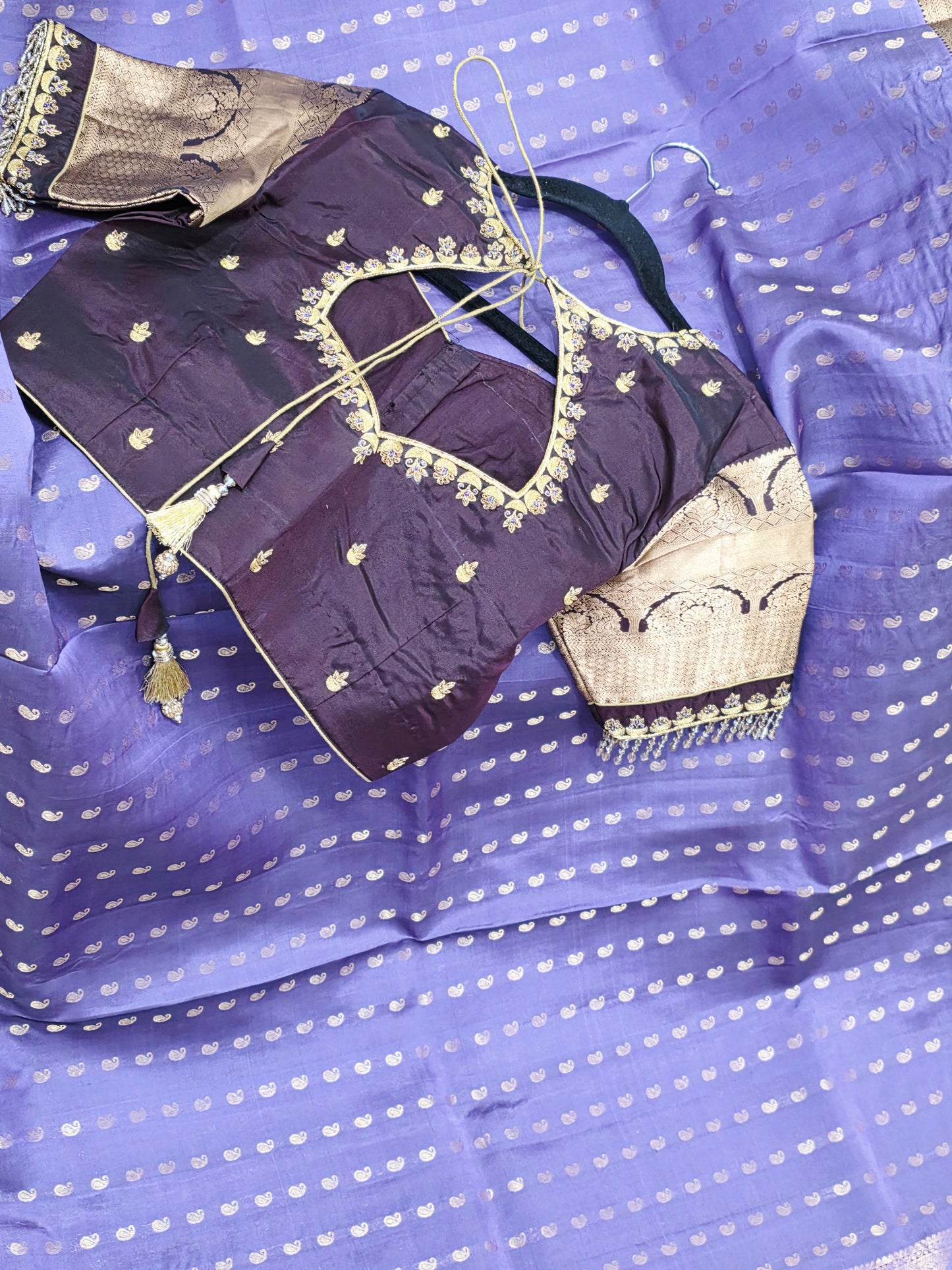 Royal Lilac Kanchi Soft Silk Designer Saree with Royal Aubergine Maggam Blouse