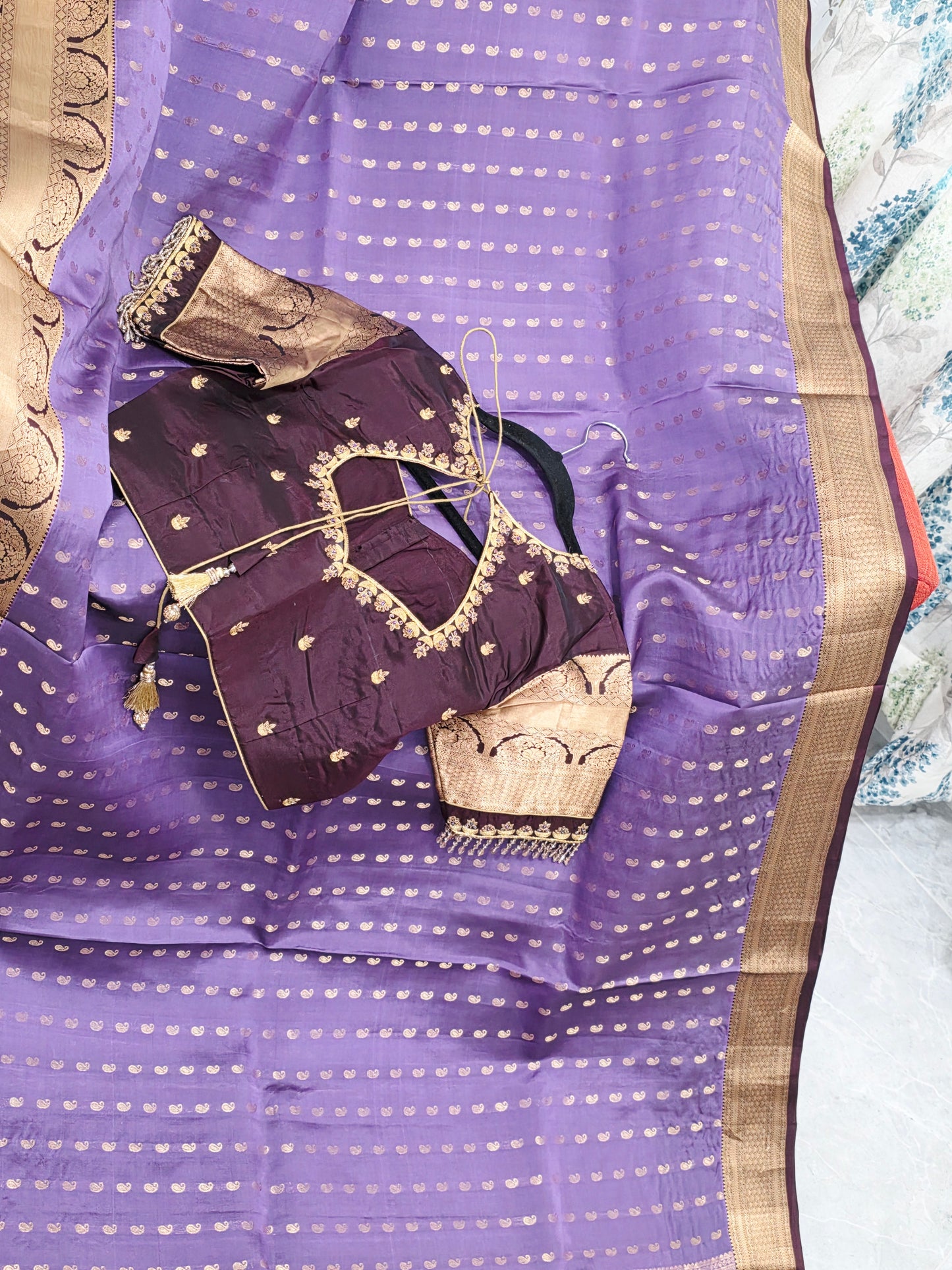 Royal Lilac Kanchi Soft Silk Designer Saree with Royal Aubergine Maggam Blouse