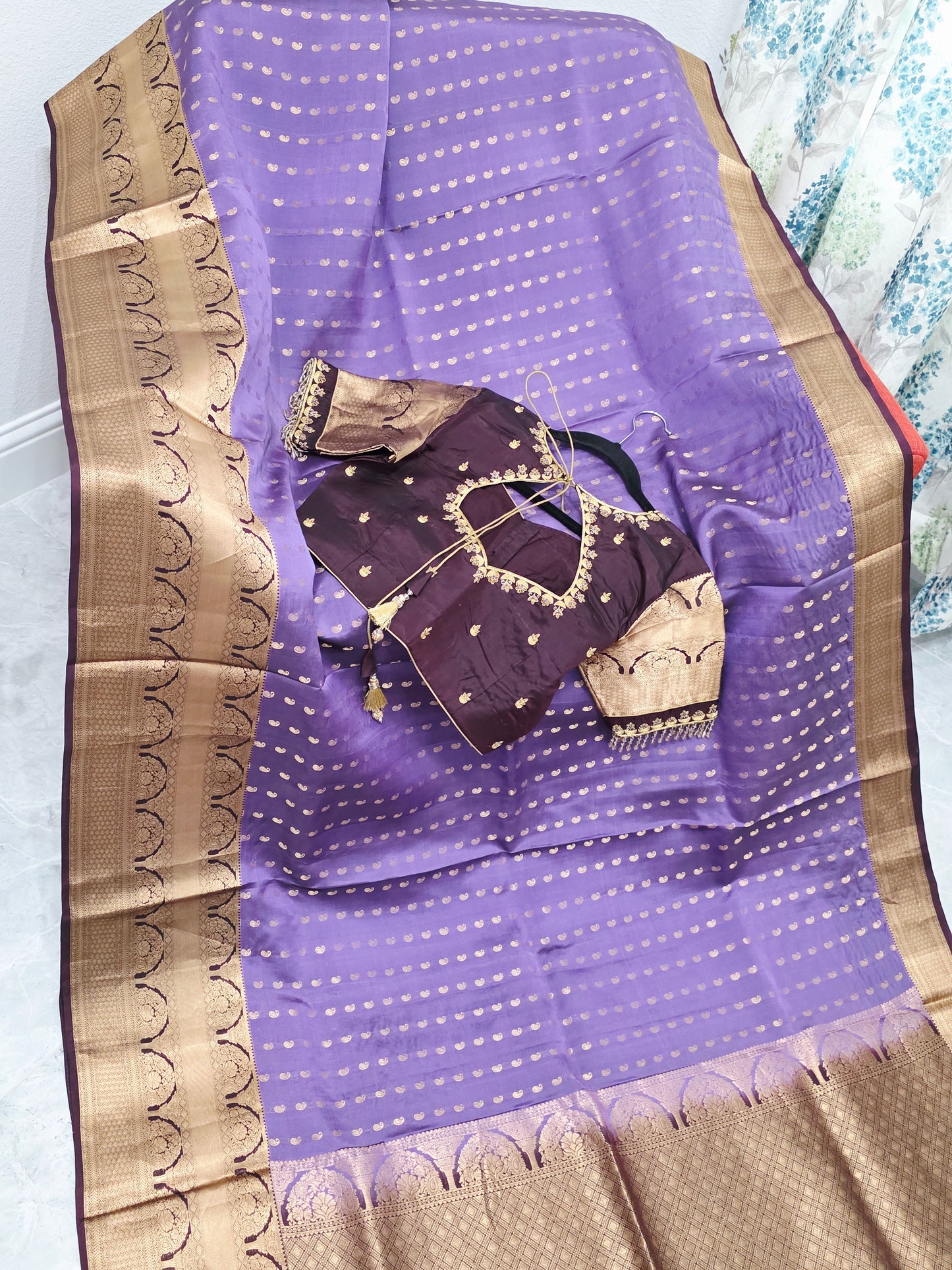 Royal Lilac Kanchi Soft Silk Designer Saree with Royal Aubergine Maggam Blouse