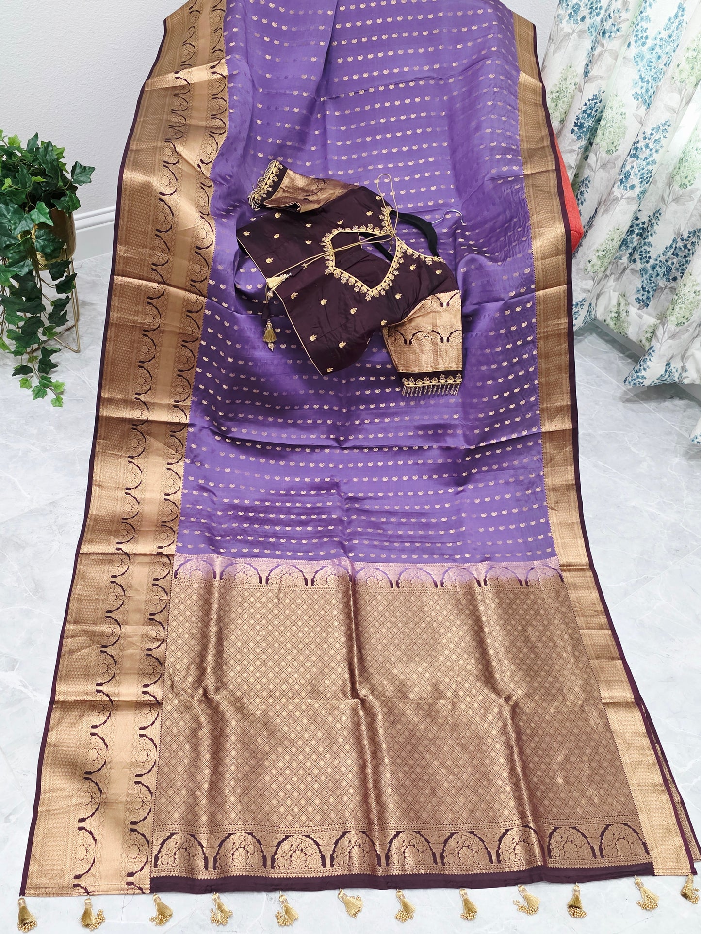 Royal Lilac Kanchi Soft Silk Designer Saree with Royal Aubergine Maggam Blouse