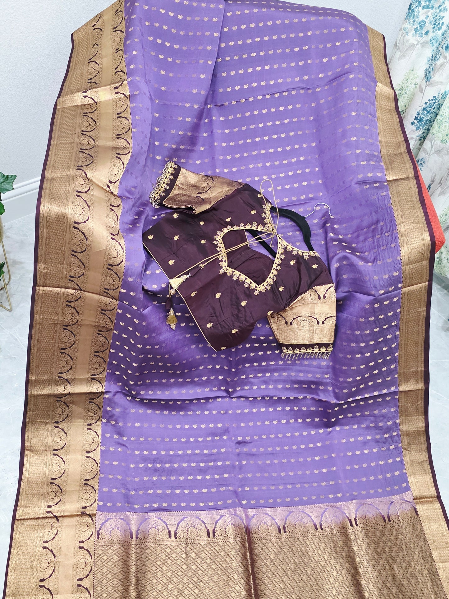 Royal Lilac Kanchi Soft Silk Designer Saree with Royal Aubergine Maggam Blouse
