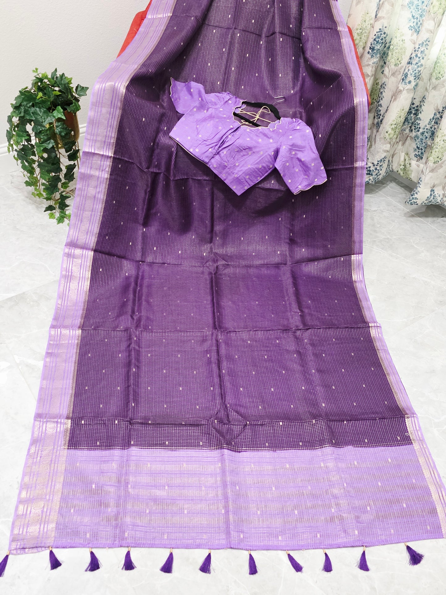 Royal Lavender Plum Russian Dola Crepe Silk Saree with Ready Blouse