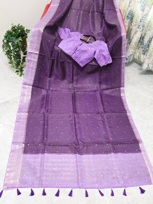 Royal Lavender Plum Russian Dola Crepe Silk Saree with Ready Blouse