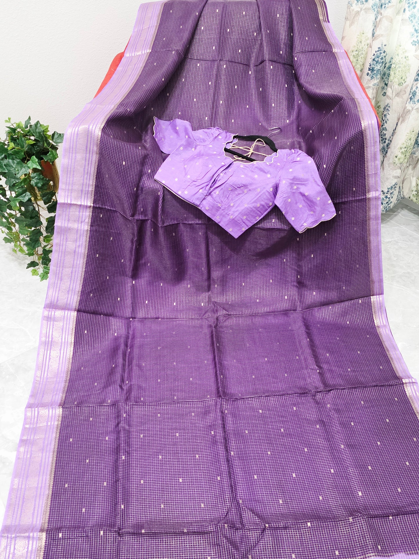 Royal Lavender Plum Russian Dola Crepe Silk Saree with Ready Blouse