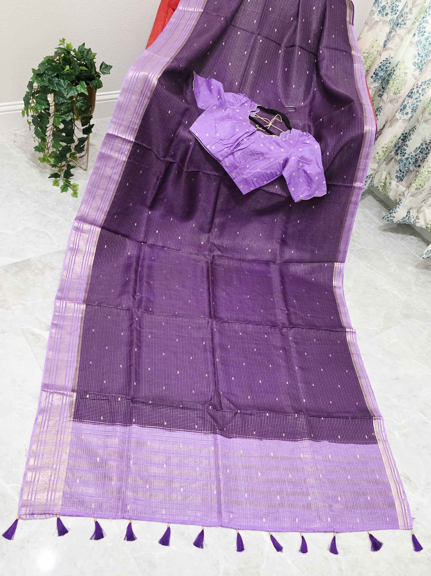 Royal Lavender Plum Russian Dola Crepe Silk Saree with Ready Blouse