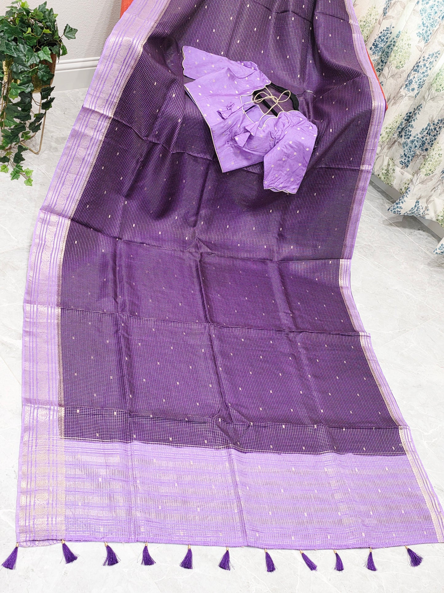 Royal Lavender Plum Russian Dola Crepe Silk Saree with Ready Blouse