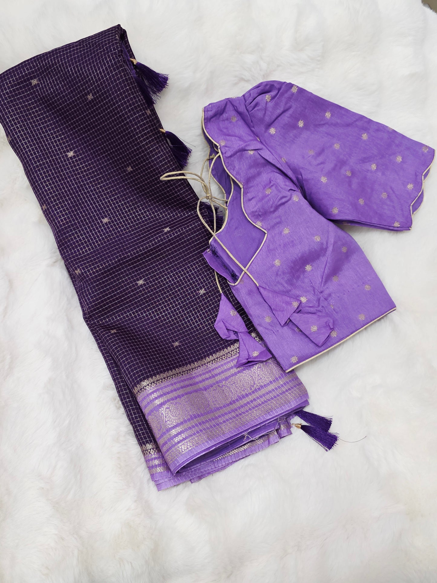 Royal Lavender Plum Russian Dola Crepe Silk Saree with Ready Blouse