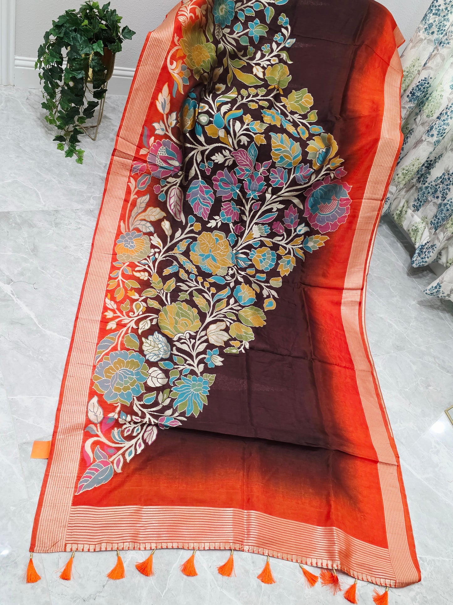 Chocolate Espresso & Burnt Coral Half Saree Inspired Designer Saree & Ready Blouse