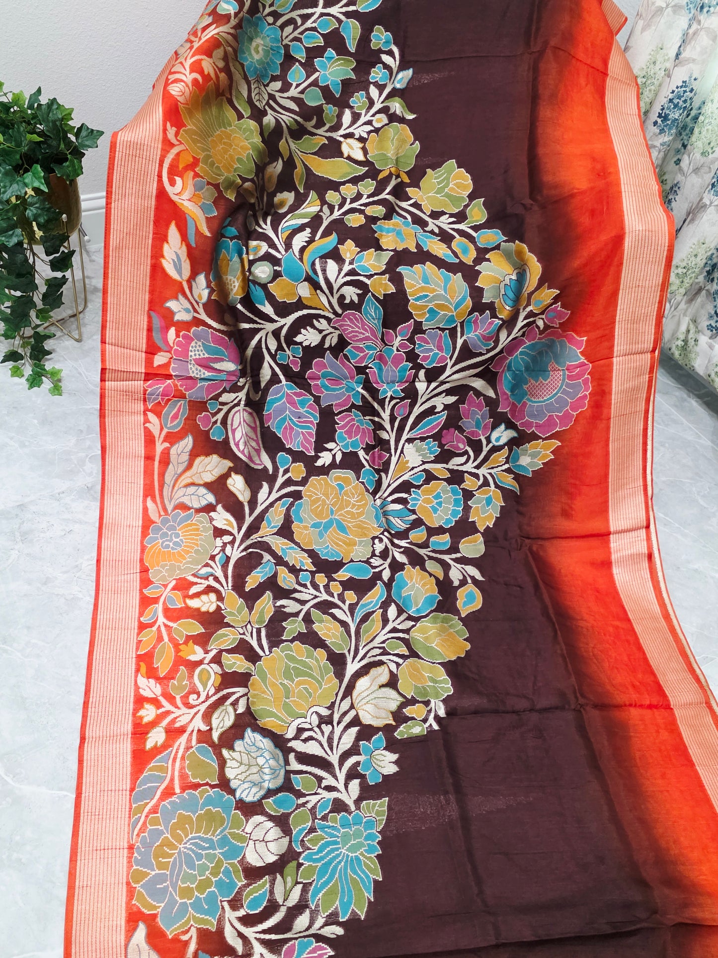 Chocolate Espresso & Burnt Coral Half Saree Inspired Designer Saree & Ready Blouse
