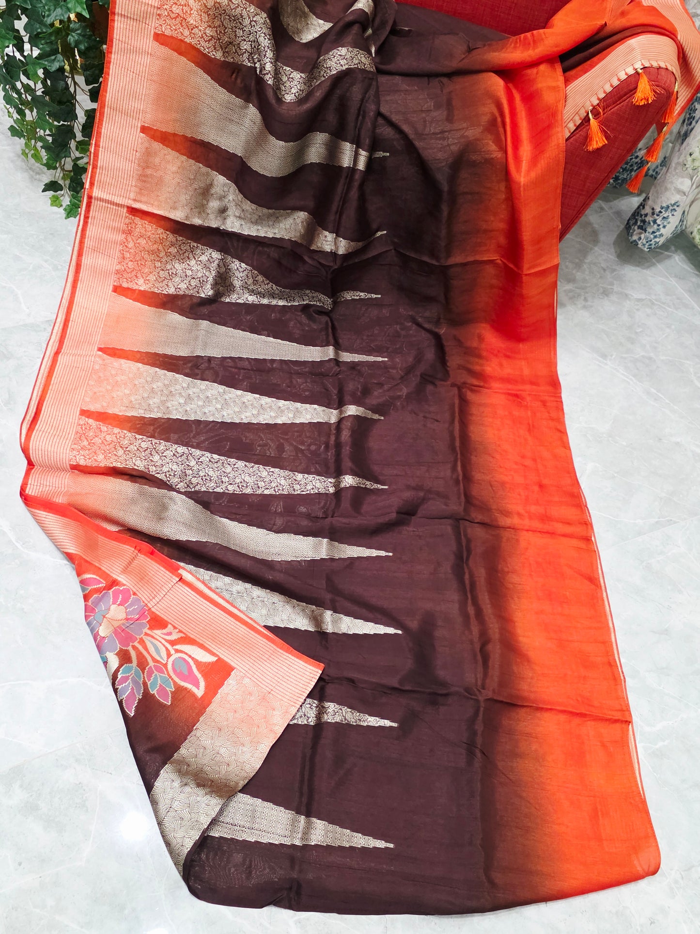 Chocolate Espresso & Burnt Coral Half Saree Inspired Designer Saree & Ready Blouse