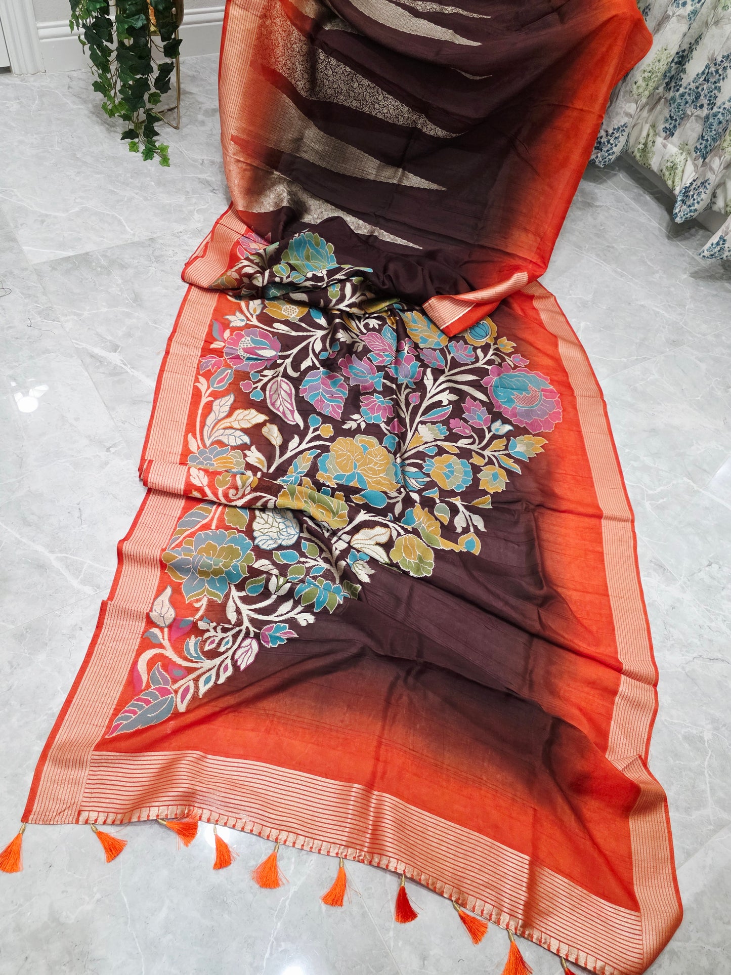 Chocolate Espresso & Burnt Coral Half Saree Inspired Designer Saree & Ready Blouse
