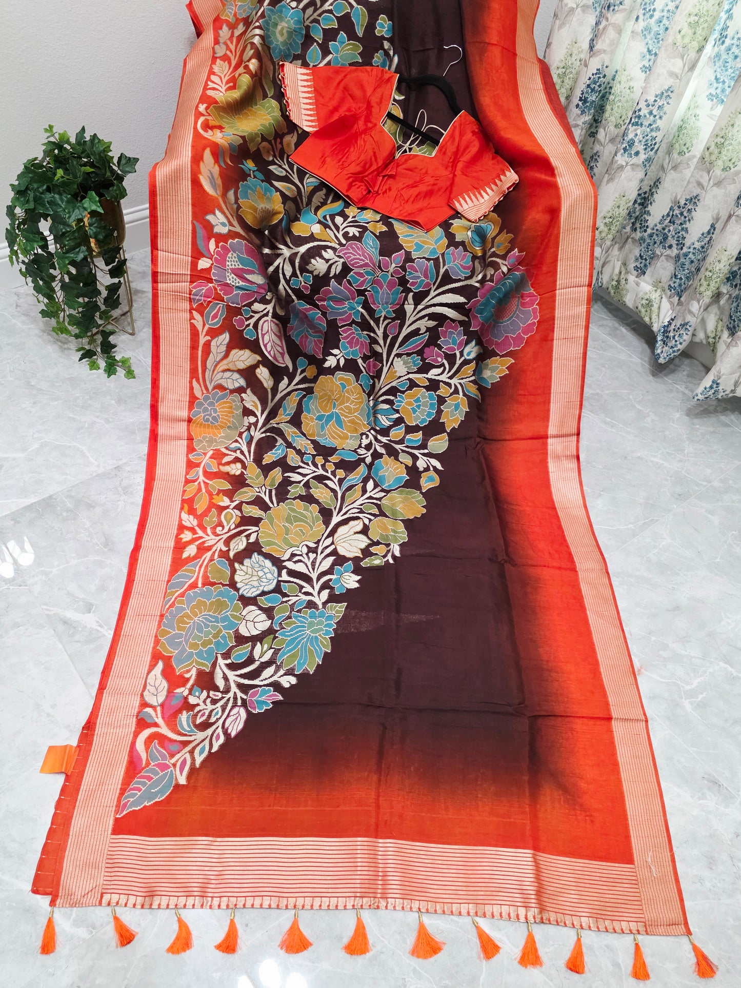 Chocolate Espresso & Burnt Coral Half Saree Inspired Designer Saree & Ready Blouse