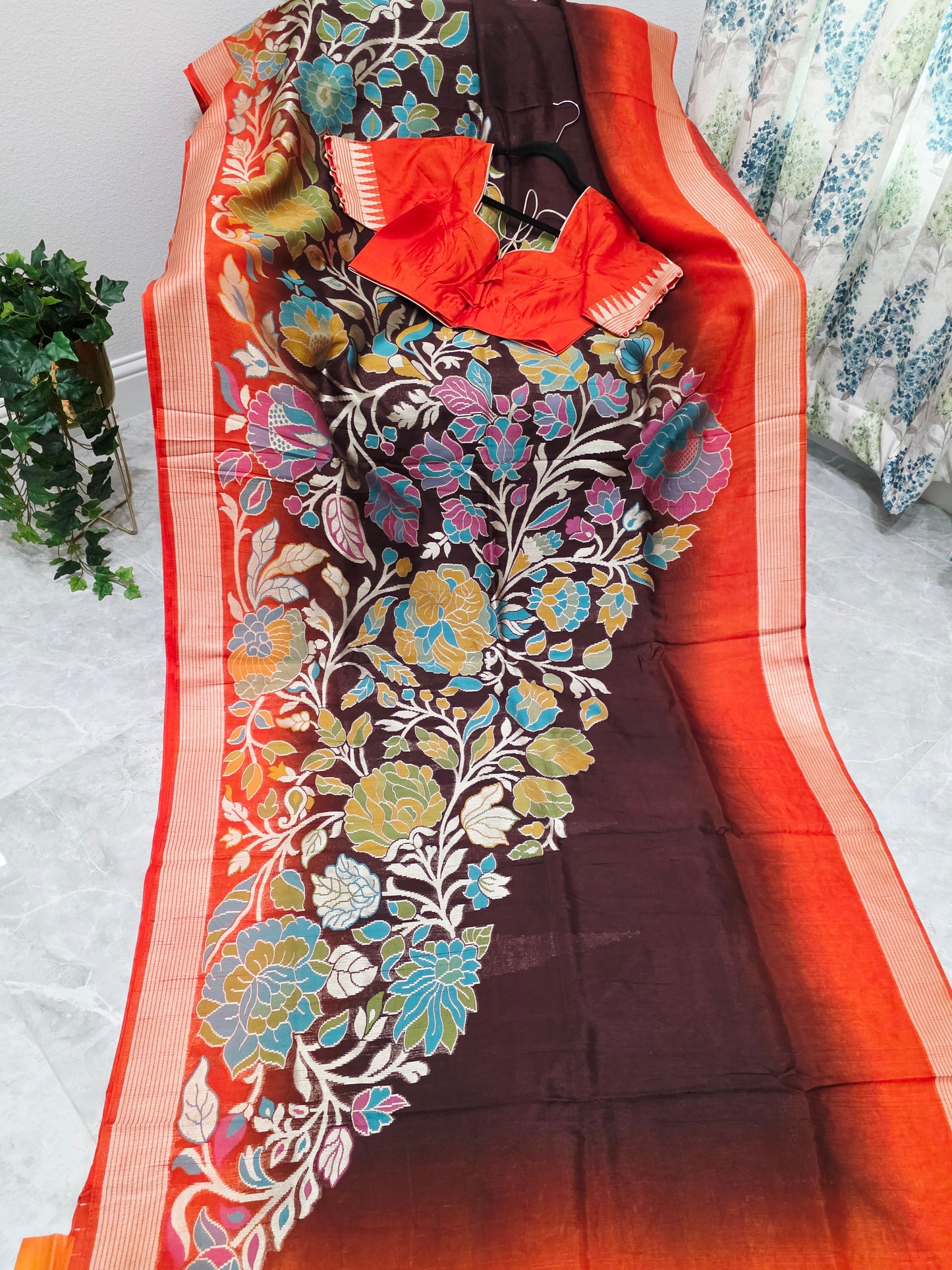 Chocolate Espresso & Burnt Coral Half Saree Inspired Designer Saree & Ready Blouse