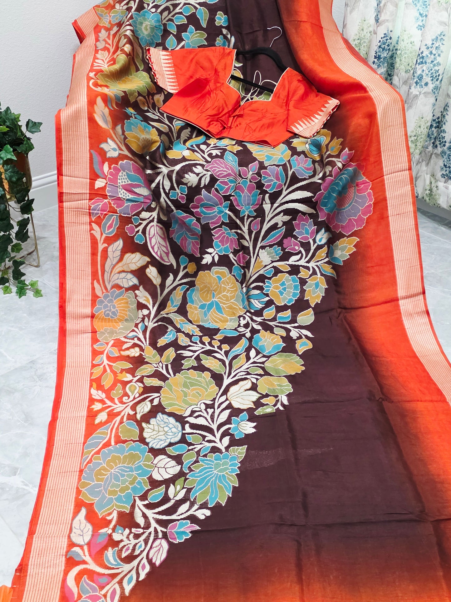 Chocolate Espresso & Burnt Coral Half Saree Inspired Designer Saree & Ready Blouse