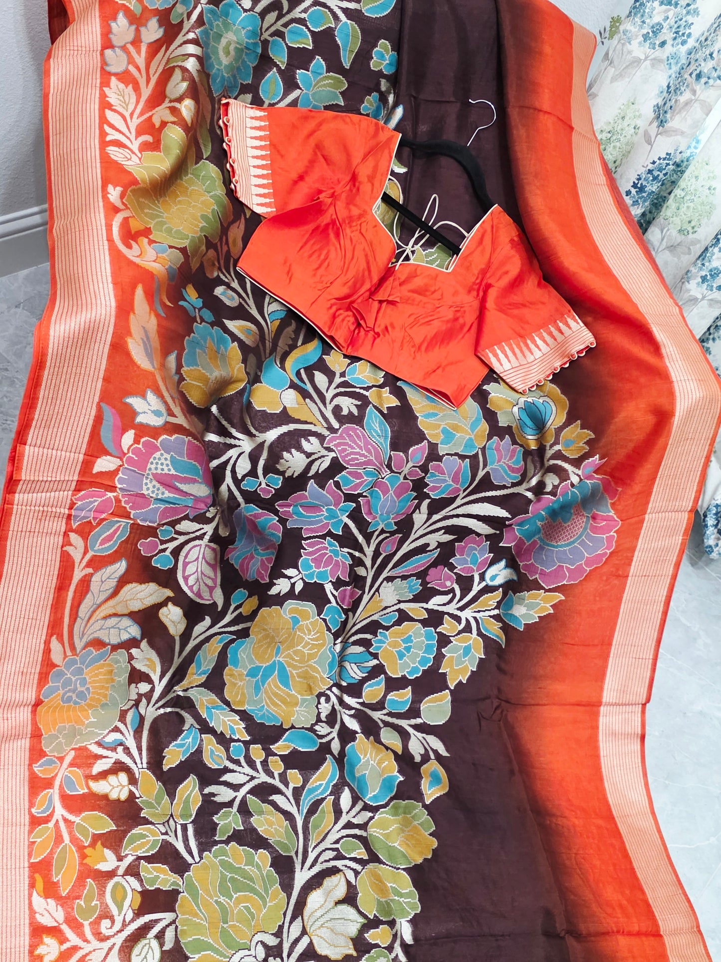 Chocolate Espresso & Burnt Coral Half Saree Inspired Designer Saree & Ready Blouse