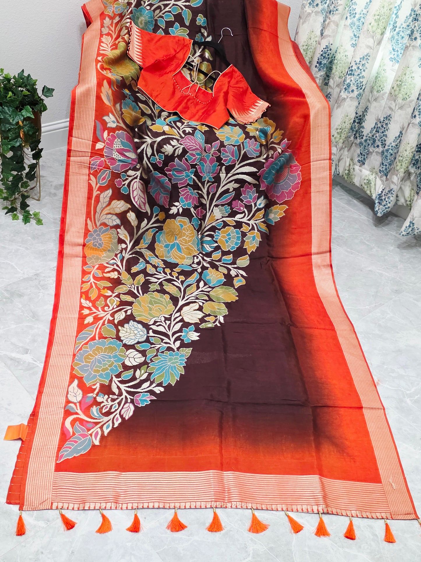 Chocolate Espresso & Burnt Coral Half Saree Inspired Designer Saree & Ready Blouse