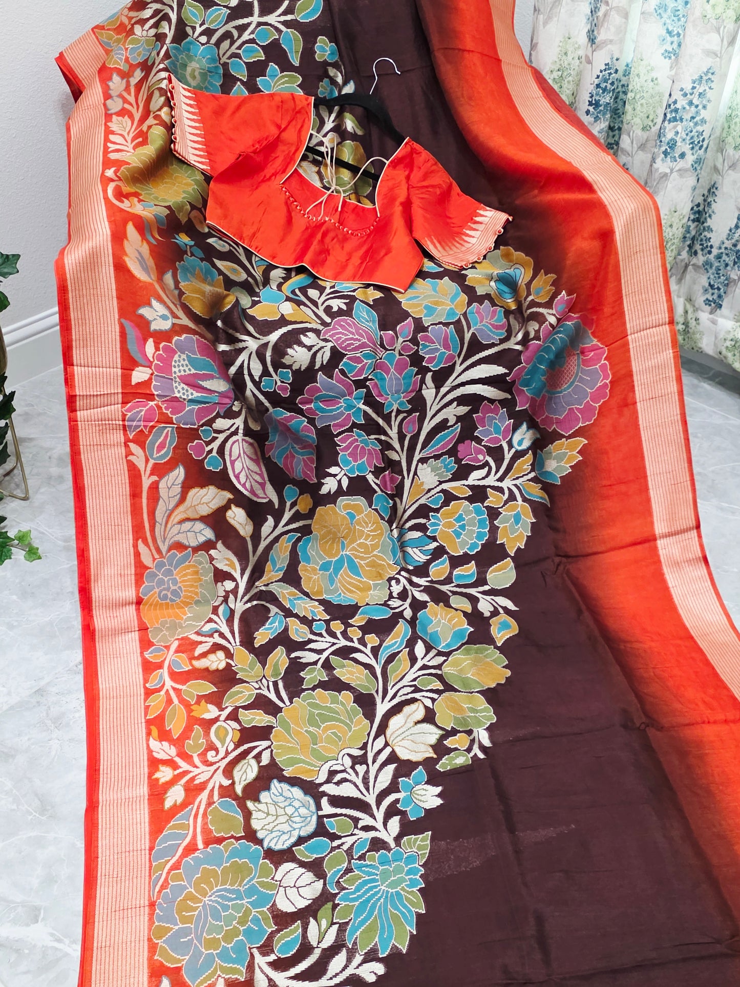 Chocolate Espresso & Burnt Coral Half Saree Inspired Designer Saree & Ready Blouse