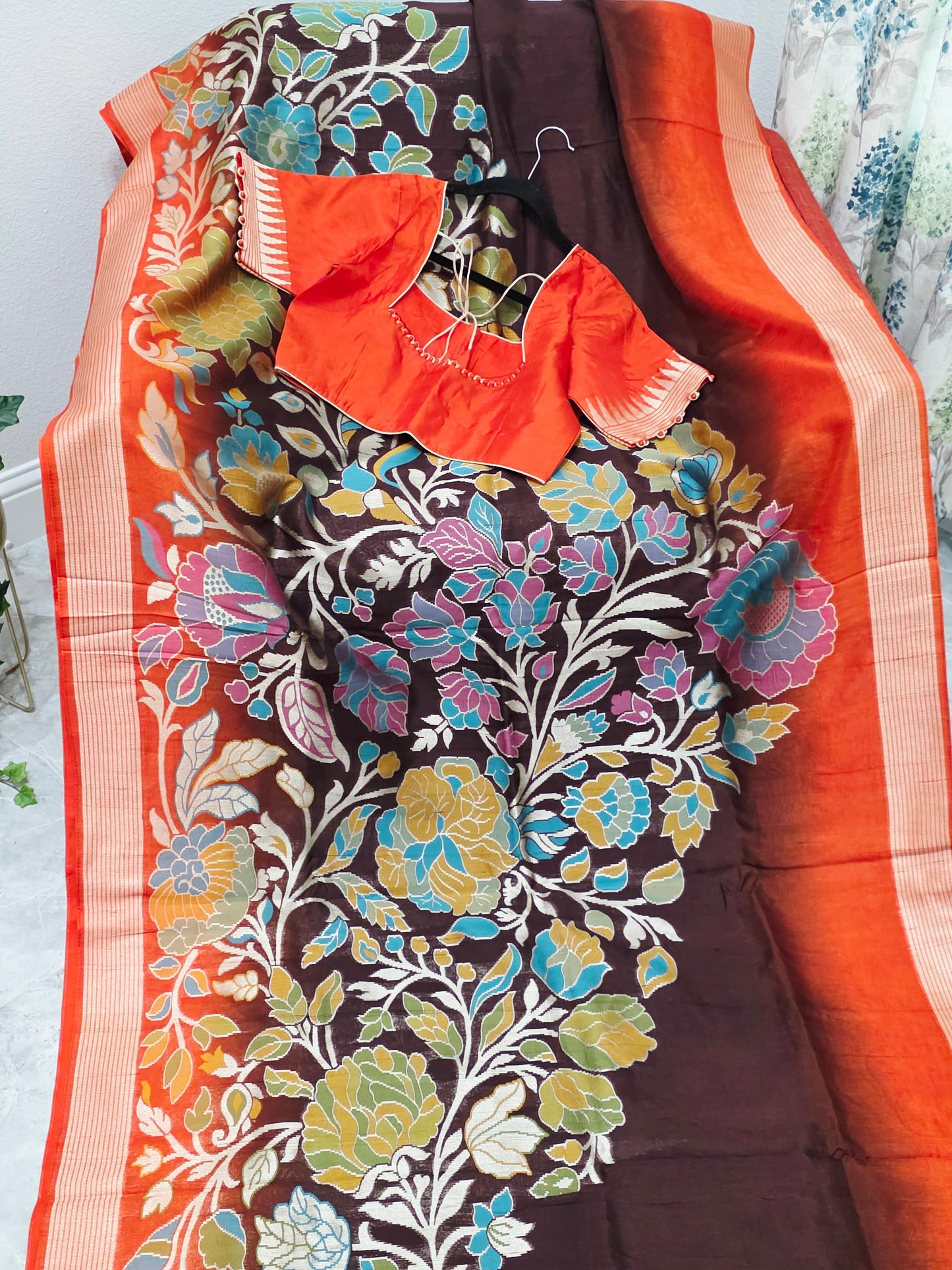 Chocolate Espresso & Burnt Coral Half Saree Inspired Designer Saree & Ready Blouse