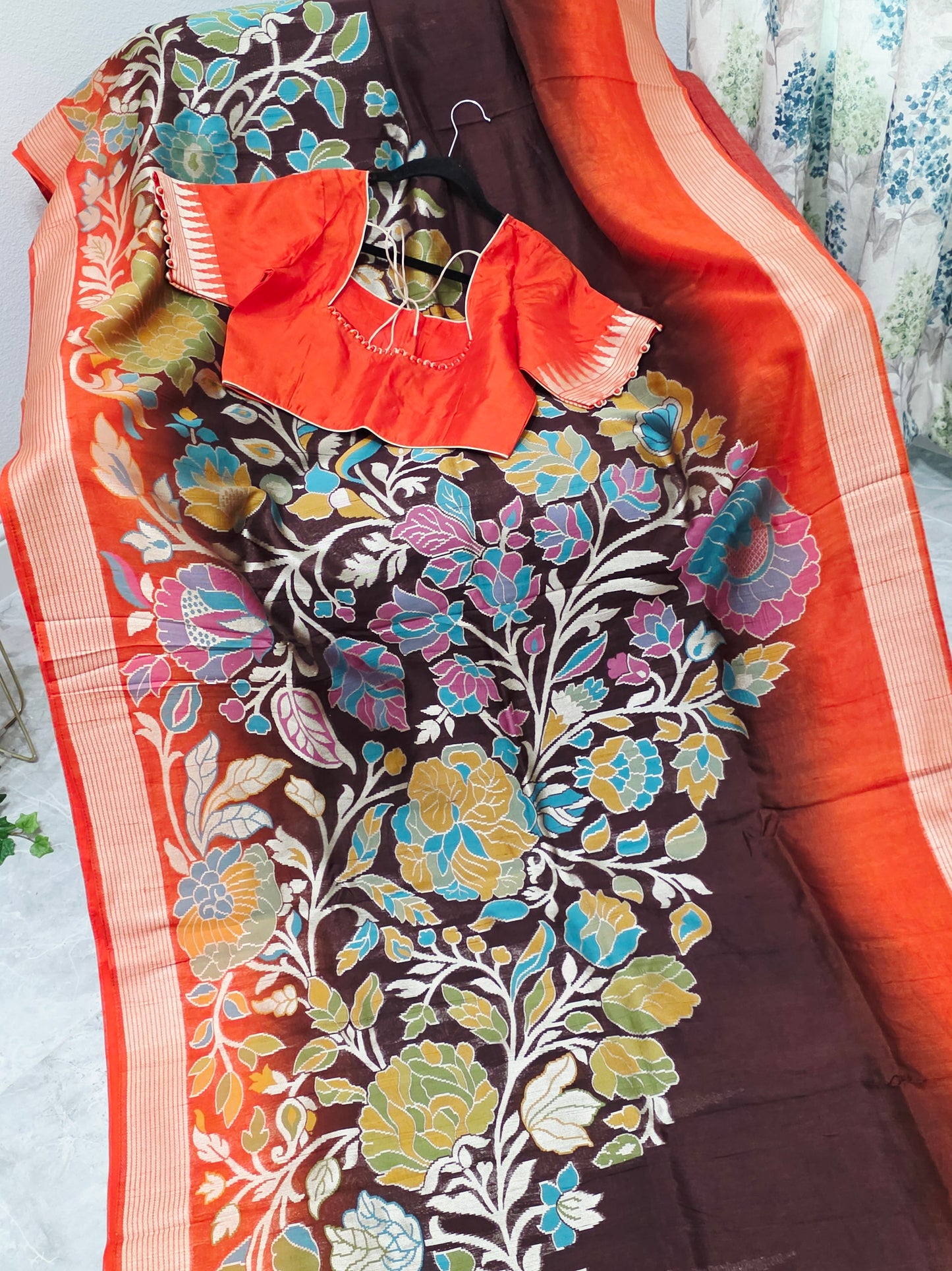 Chocolate Espresso & Burnt Coral Half Saree Inspired Designer Saree & Ready Blouse