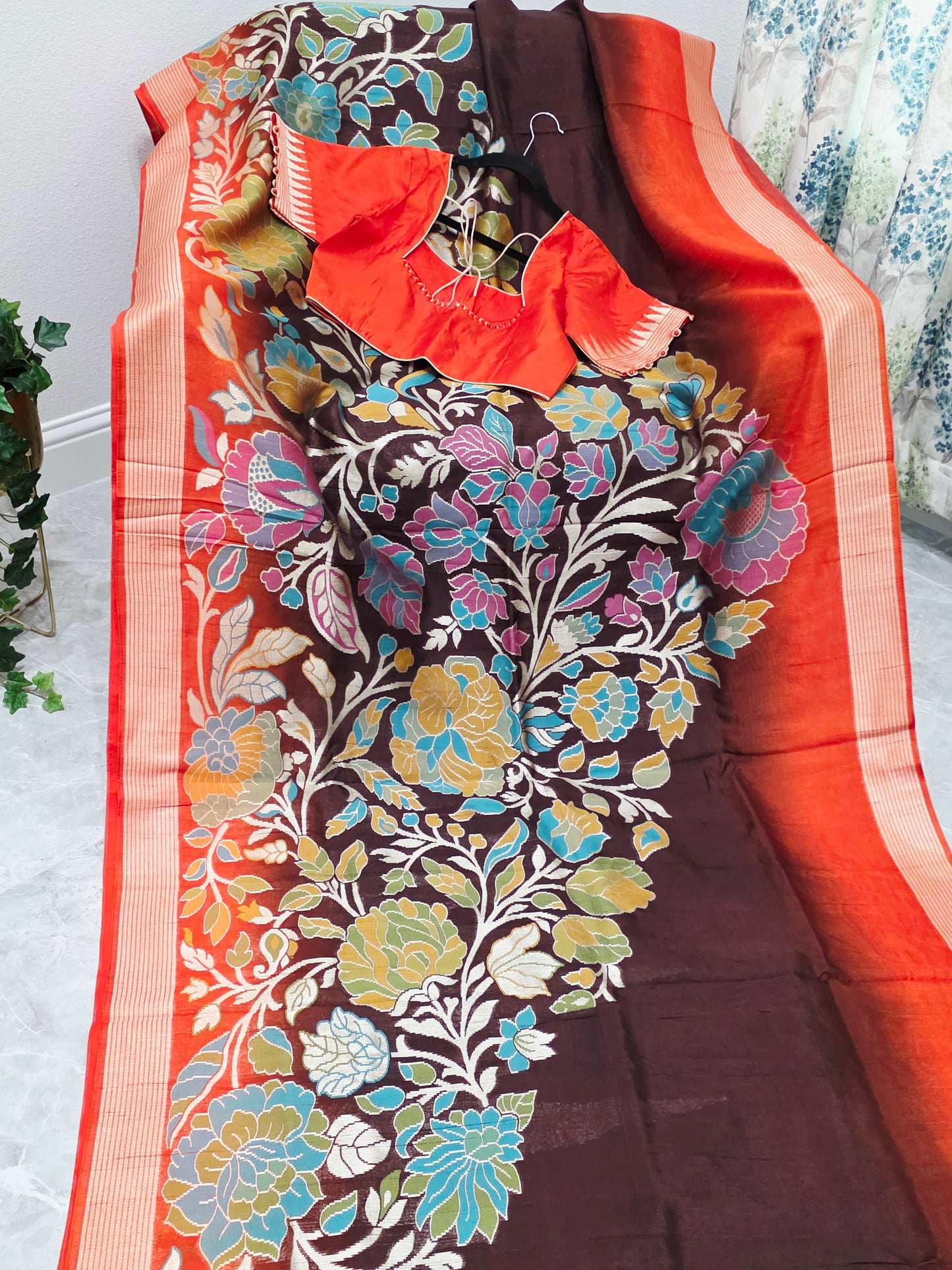 Chocolate Espresso & Burnt Coral Half Saree Inspired Designer Saree & Ready Blouse