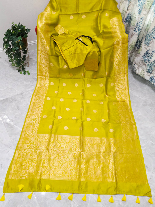 Radiant Lime Gold Pure Mango Benarasi Silk Saree with Ready Blouse
