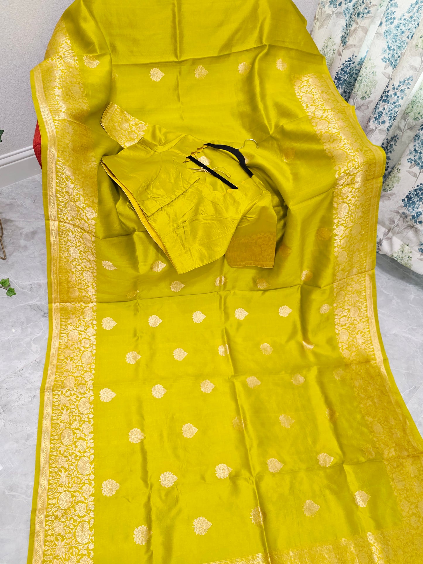 Radiant Lime Gold Pure Mango Benarasi Silk Saree with Ready Blouse
