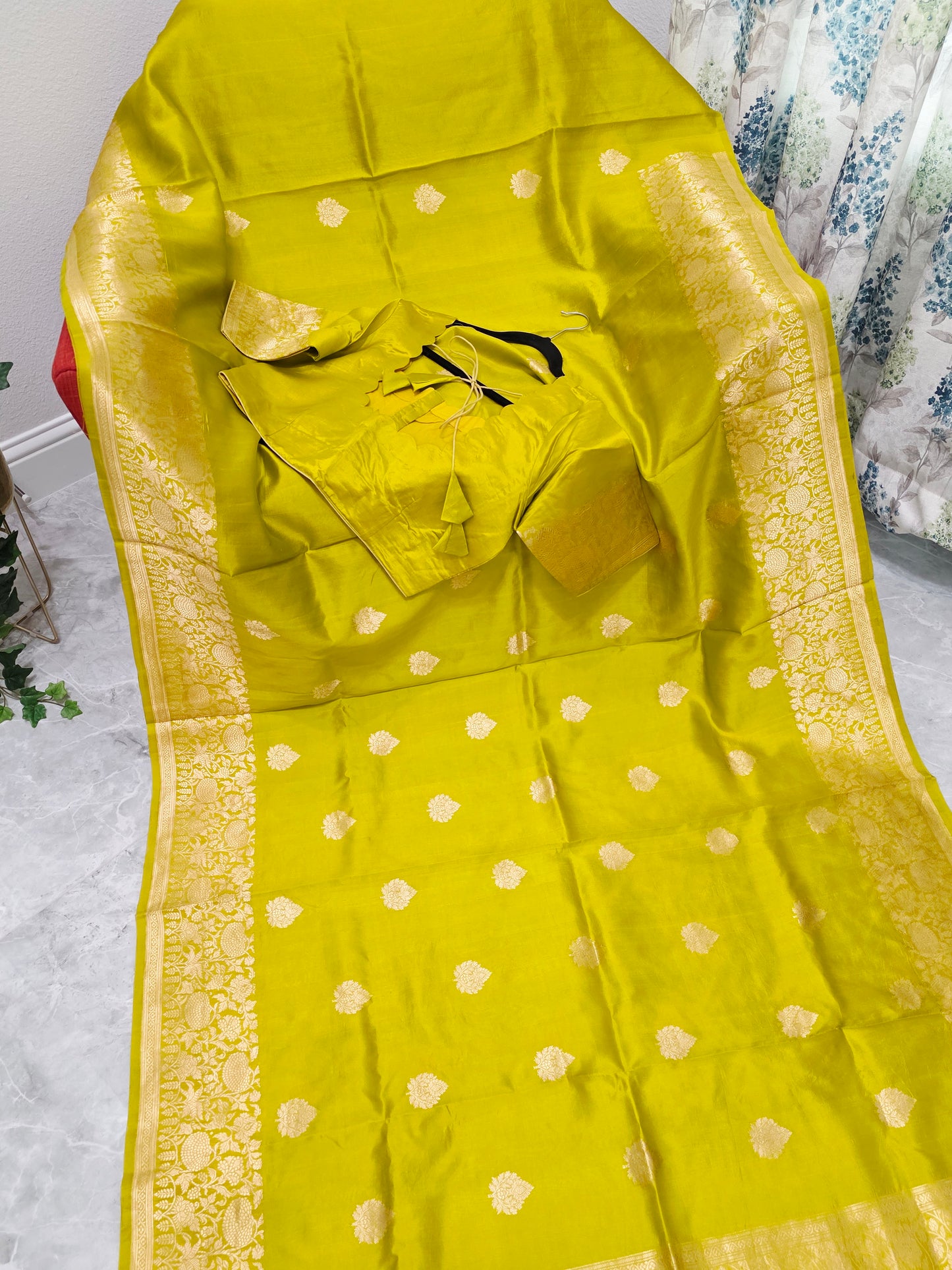 Radiant Lime Gold Pure Mango Benarasi Silk Saree with Ready Blouse