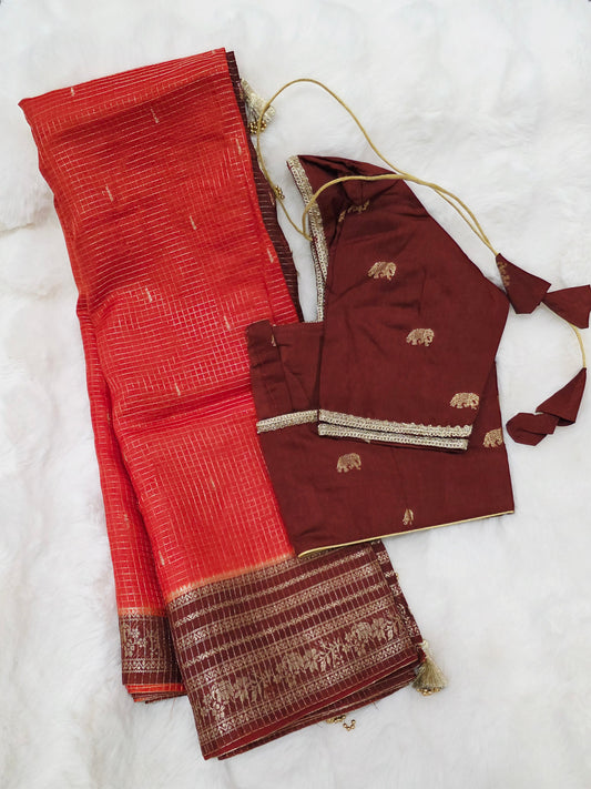 Burnt Rust Brown Russian Dola Crepe Silk Saree with Ready Blouse