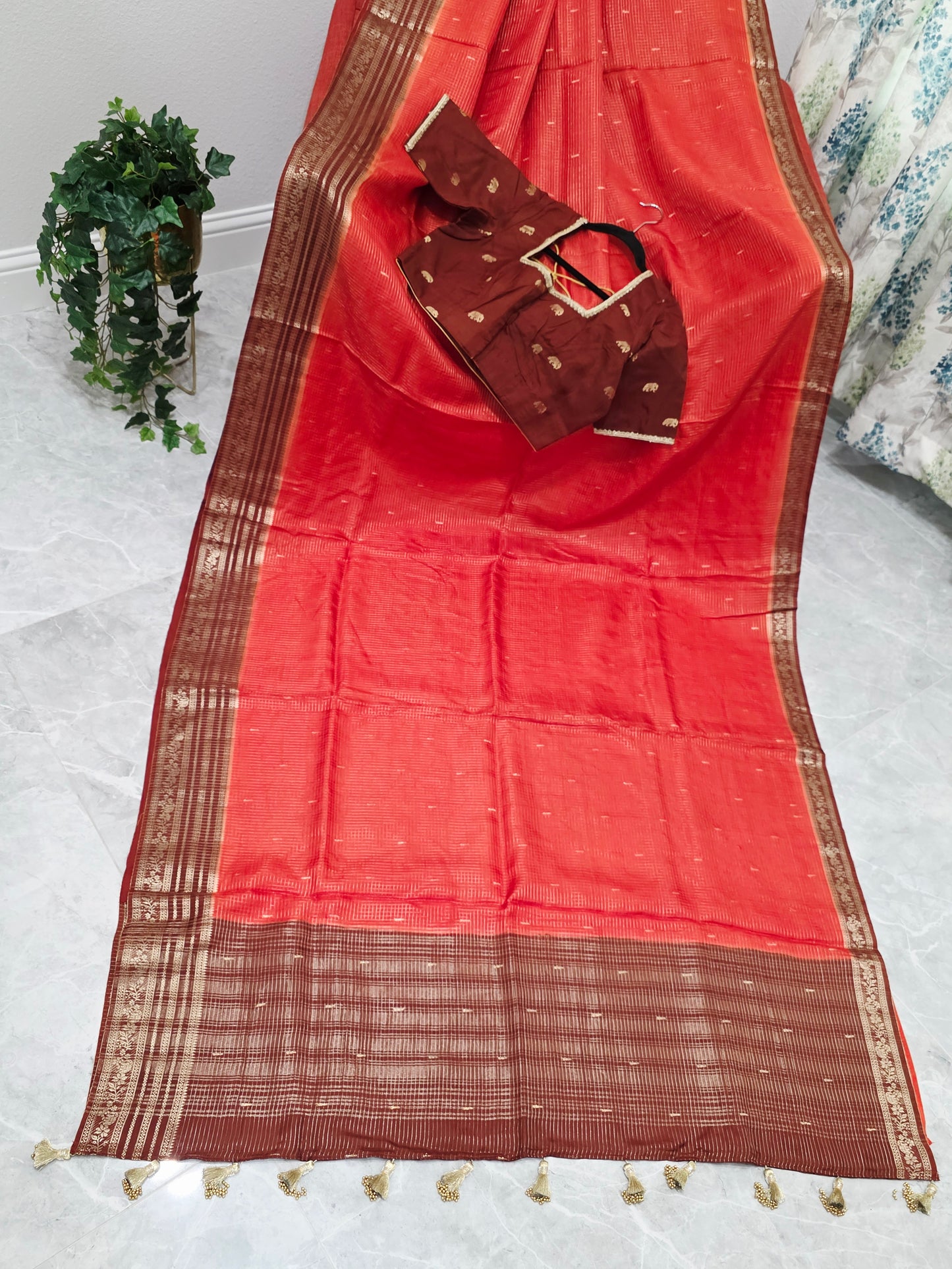 Burnt Rust Brown Russian Dola Crepe Silk Saree with Ready Blouse