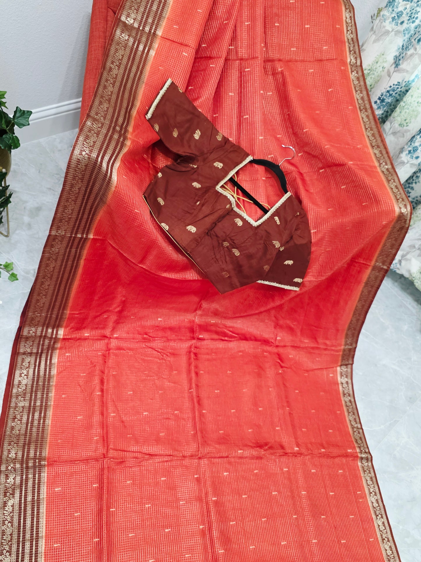 Burnt Rust Brown Russian Dola Crepe Silk Saree with Ready Blouse