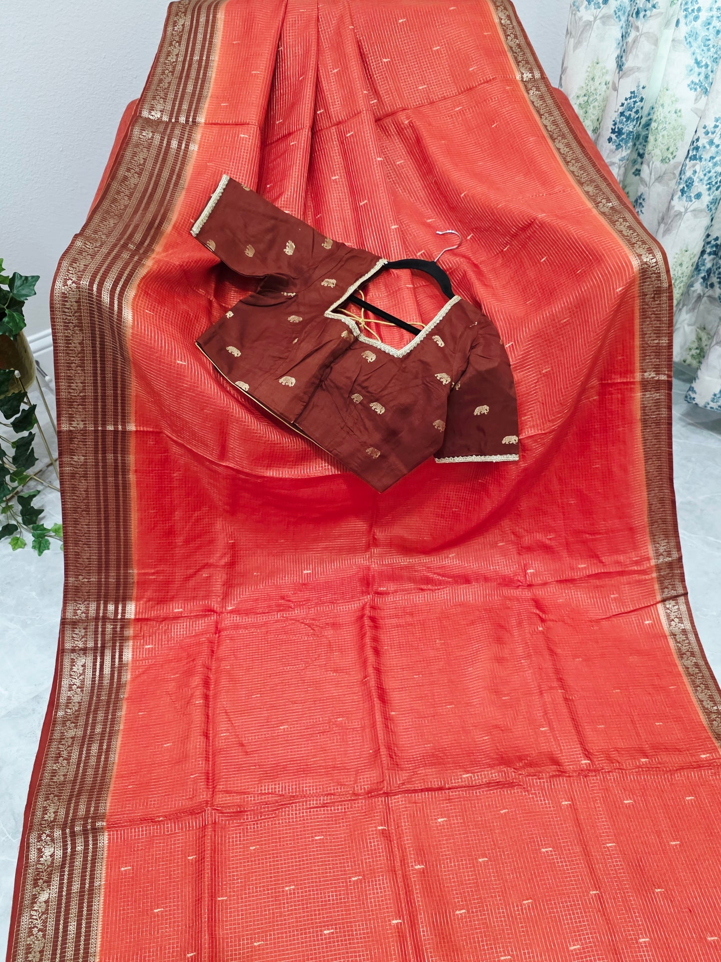 Burnt Rust Brown Russian Dola Crepe Silk Saree with Ready Blouse