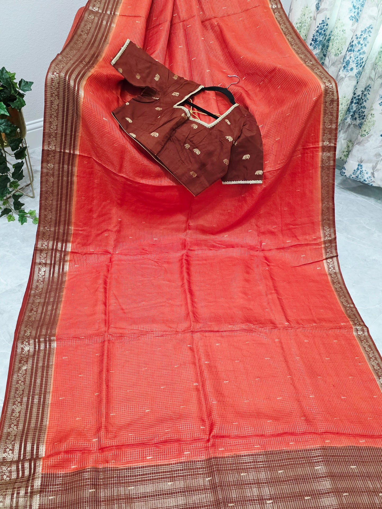 Burnt Rust Brown Russian Dola Crepe Silk Saree with Ready Blouse