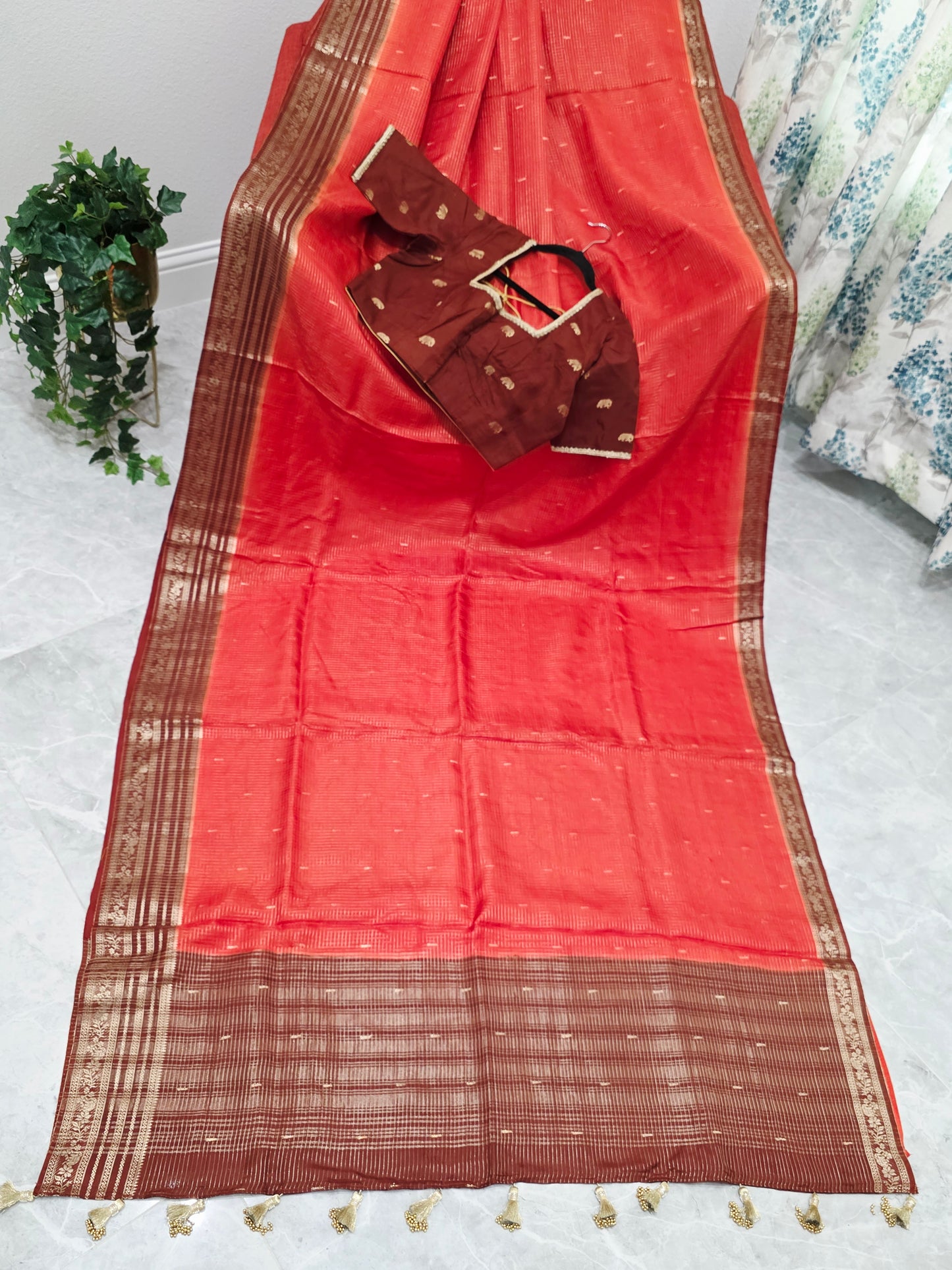 Burnt Rust Brown Russian Dola Crepe Silk Saree with Ready Blouse