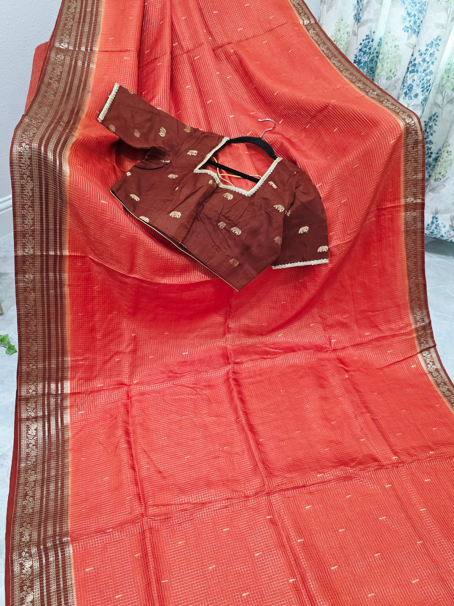 Burnt Rust Brown Russian Dola Crepe Silk Saree with Ready Blouse