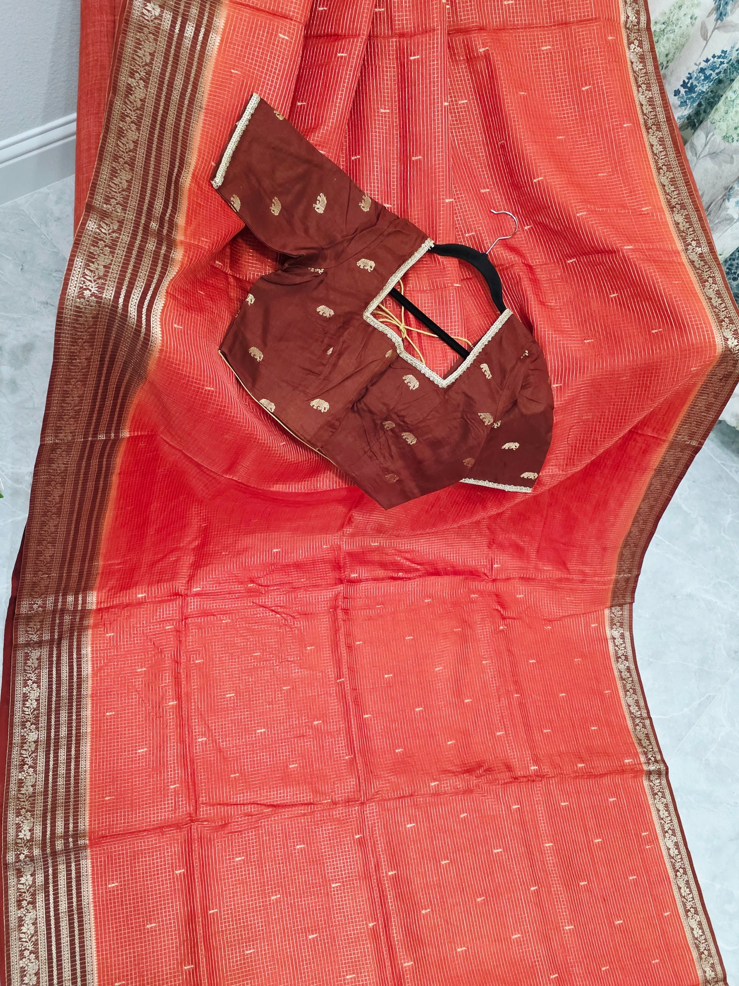 Burnt Rust Brown Russian Dola Crepe Silk Saree with Ready Blouse
