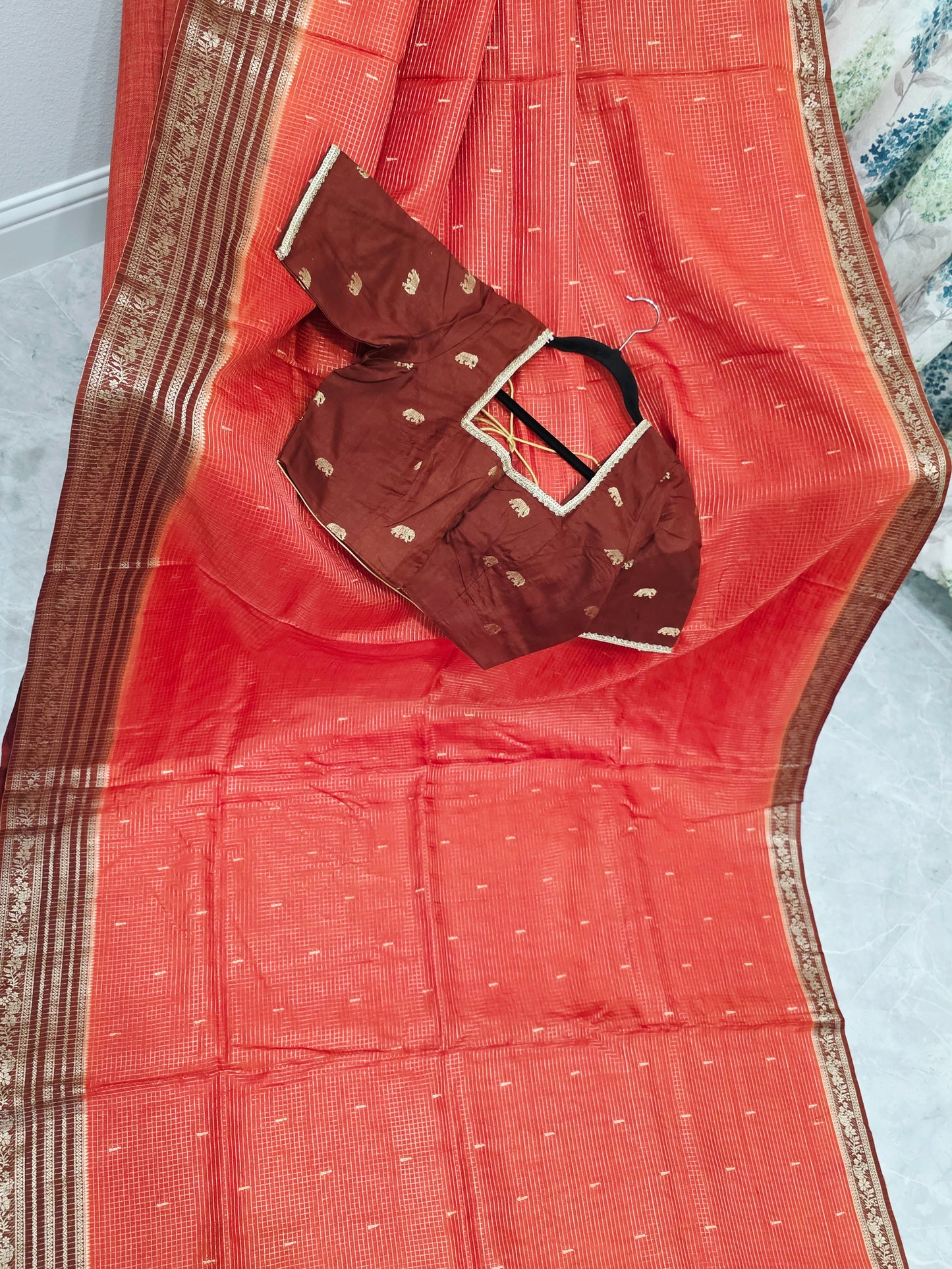 Burnt Rust Brown Russian Dola Crepe Silk Saree with Ready Blouse