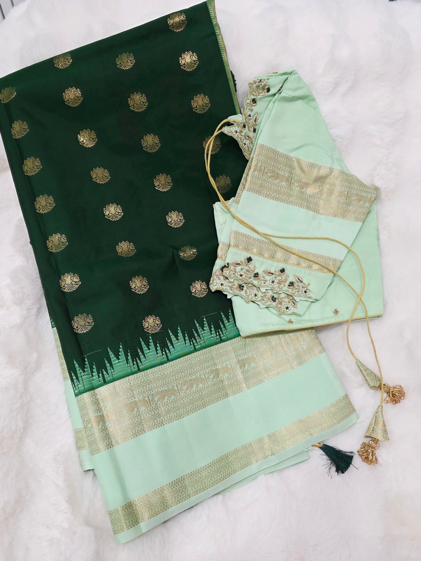 Emerald Green Pure Kanchi Soft Silk Saree with Mint Gold Maggam Blouse
