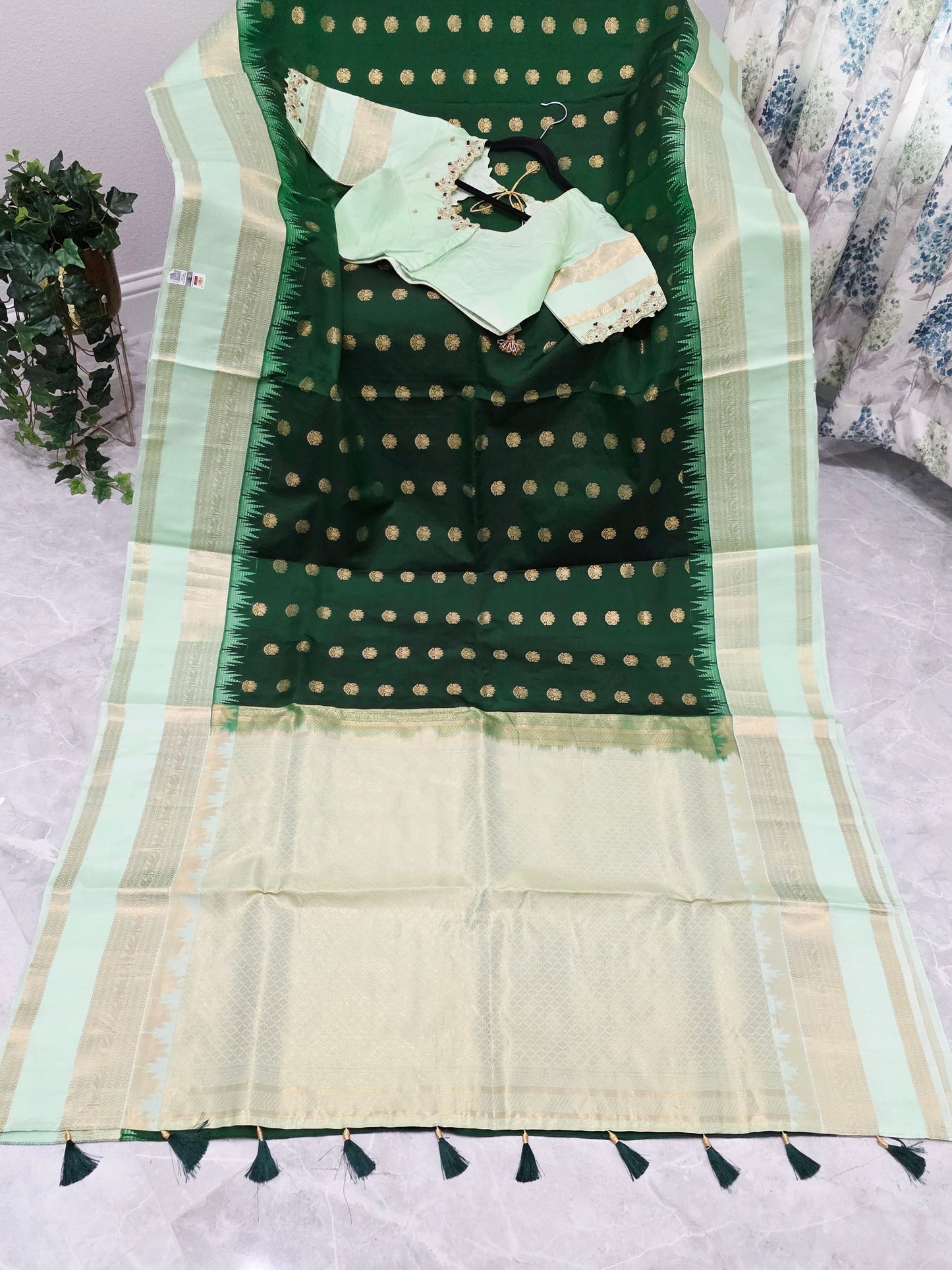Emerald Green Pure Kanchi Soft Silk Saree with Mint Gold Maggam Blouse