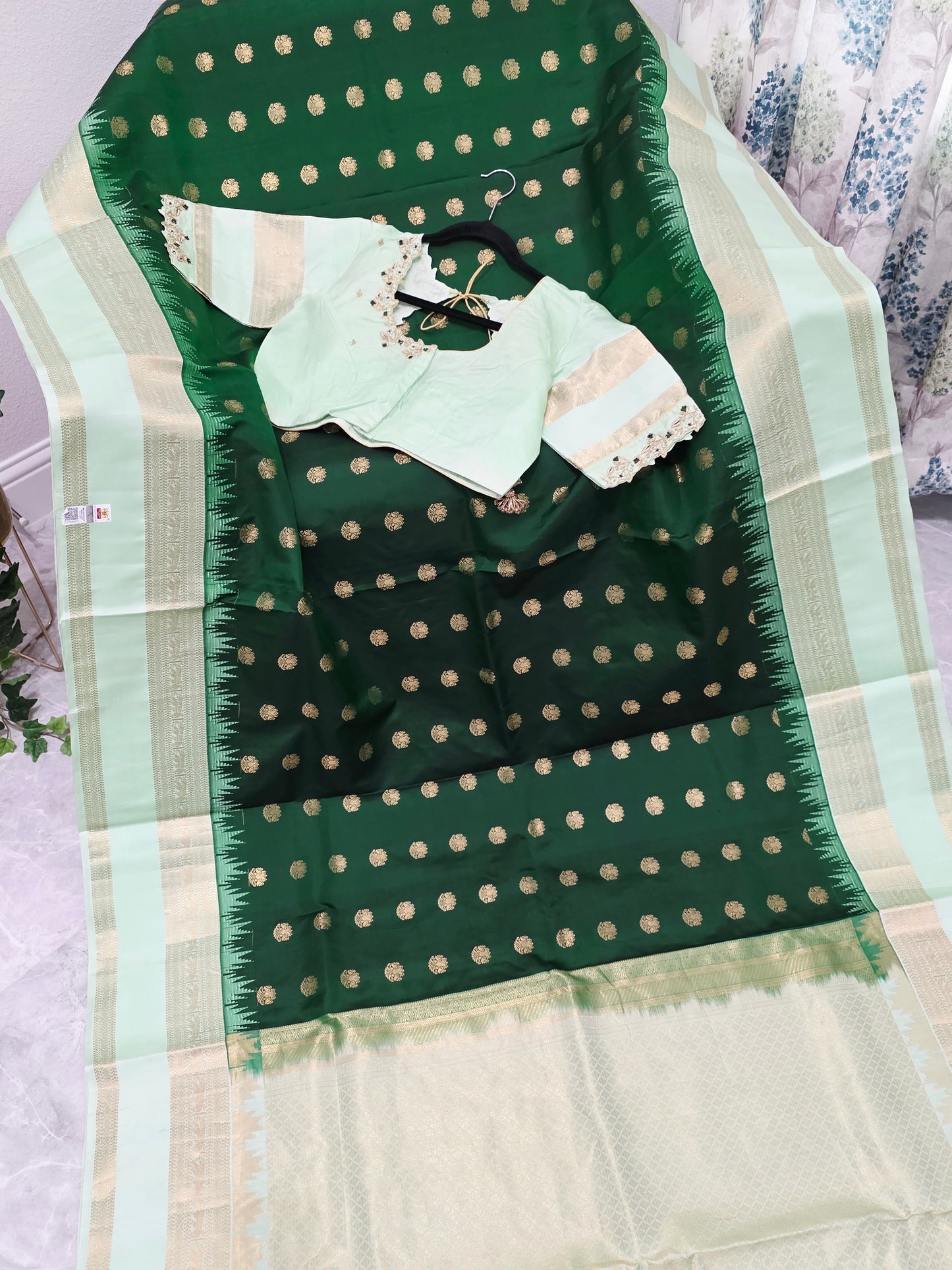 Emerald Green Pure Kanchi Soft Silk Saree with Mint Gold Maggam Blouse