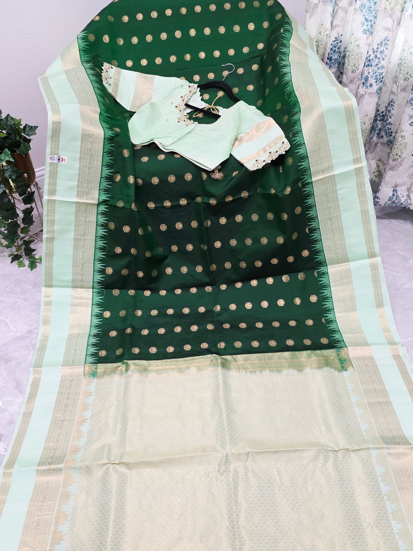 Emerald Green Pure Kanchi Soft Silk Saree with Mint Gold Maggam Blouse