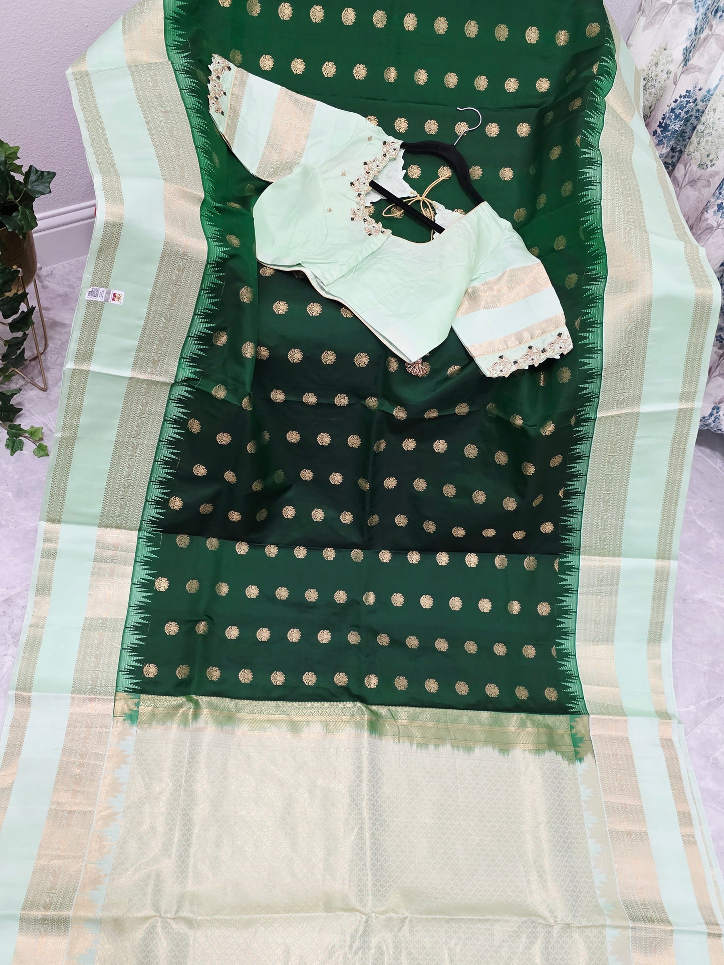 Emerald Green Pure Kanchi Soft Silk Saree with Mint Gold Maggam Blouse