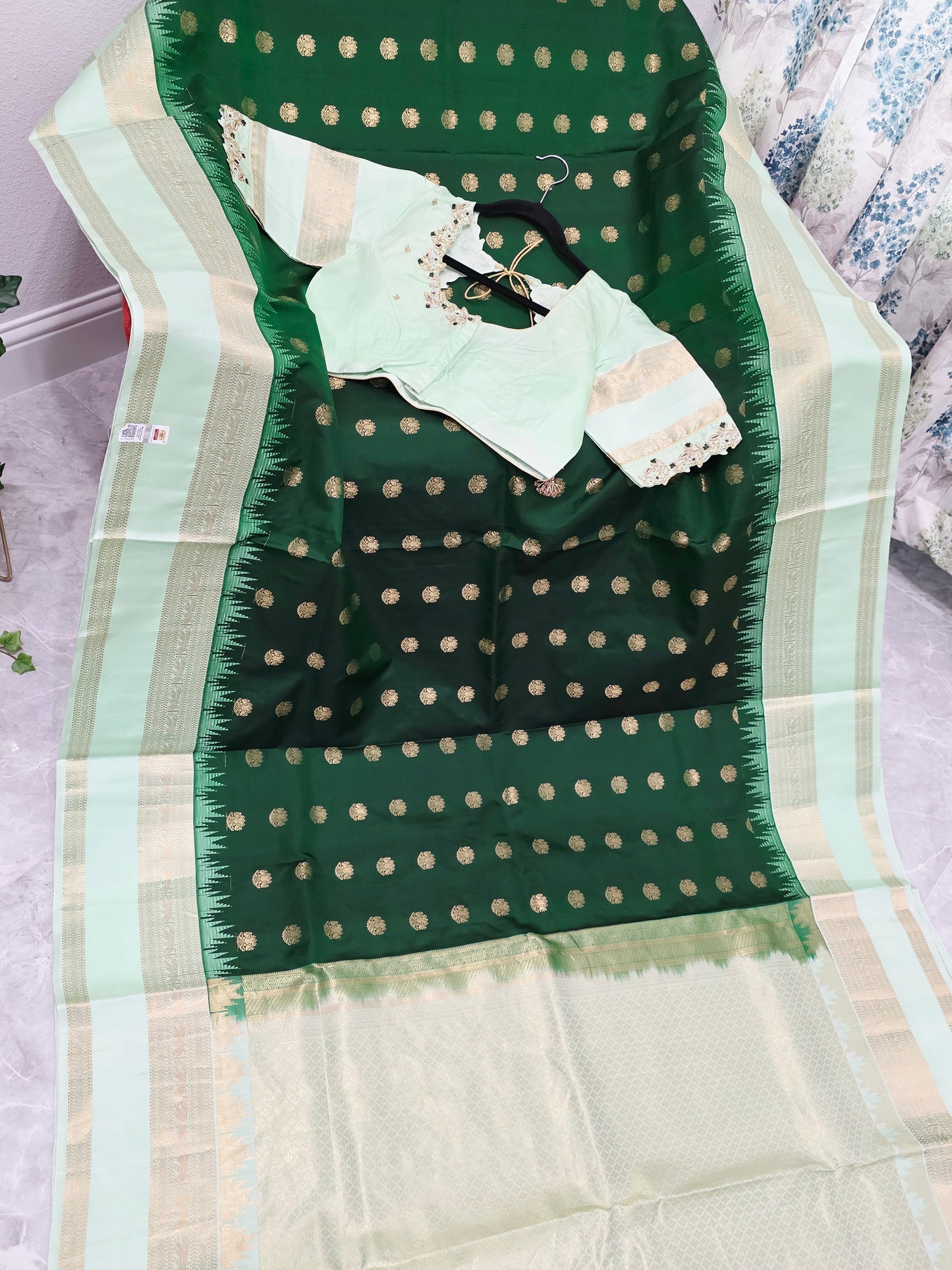 Emerald Green Pure Kanchi Soft Silk Saree with Mint Gold Maggam Blouse