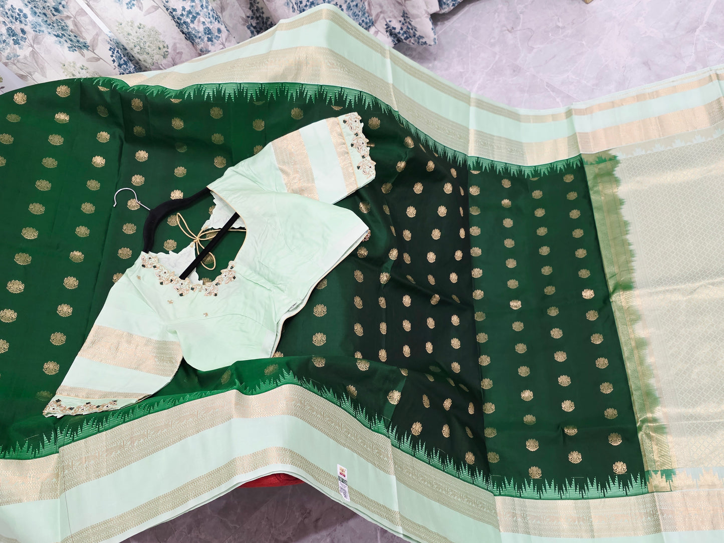 Emerald Green Pure Kanchi Soft Silk Saree with Mint Gold Maggam Blouse
